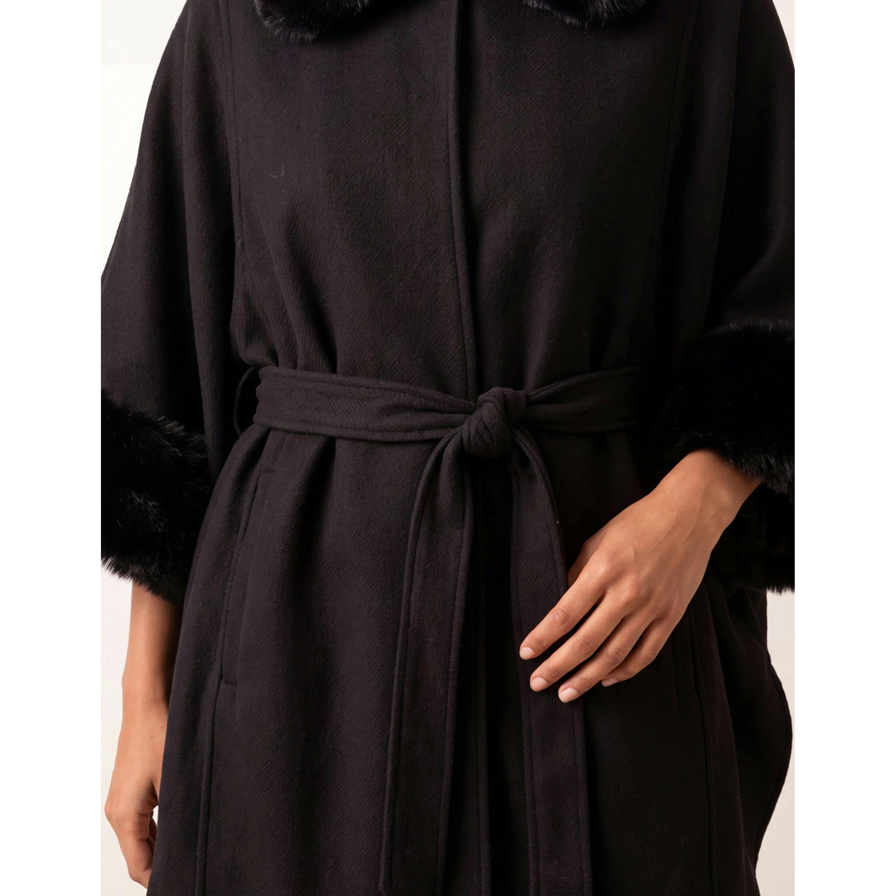 Blue Vanilla Faux Fur Trimmed Cape  in Black , view 4 of 4