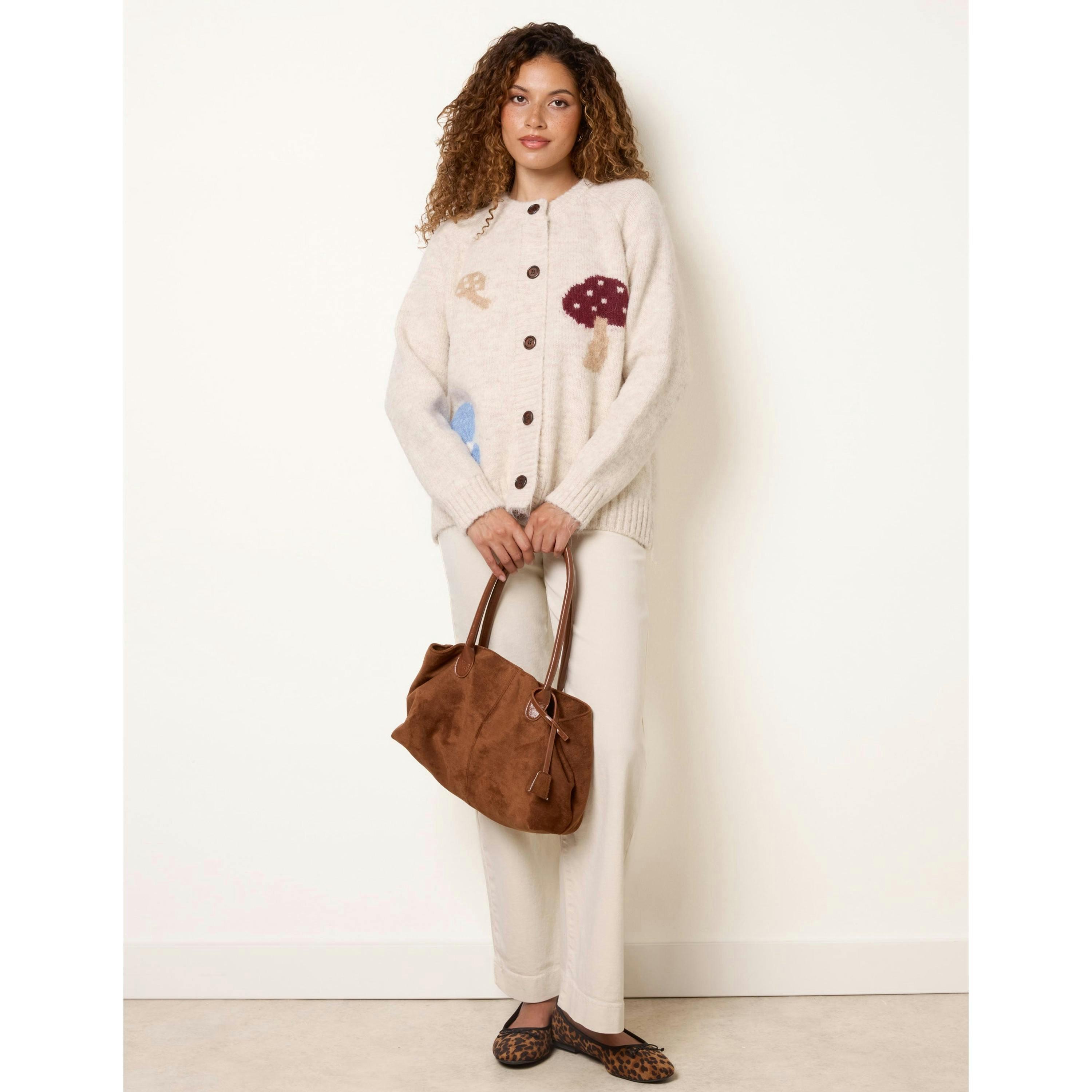 Blue Vanilla Mushroom Print Button Cardigan  in Beige , view 3 of 4