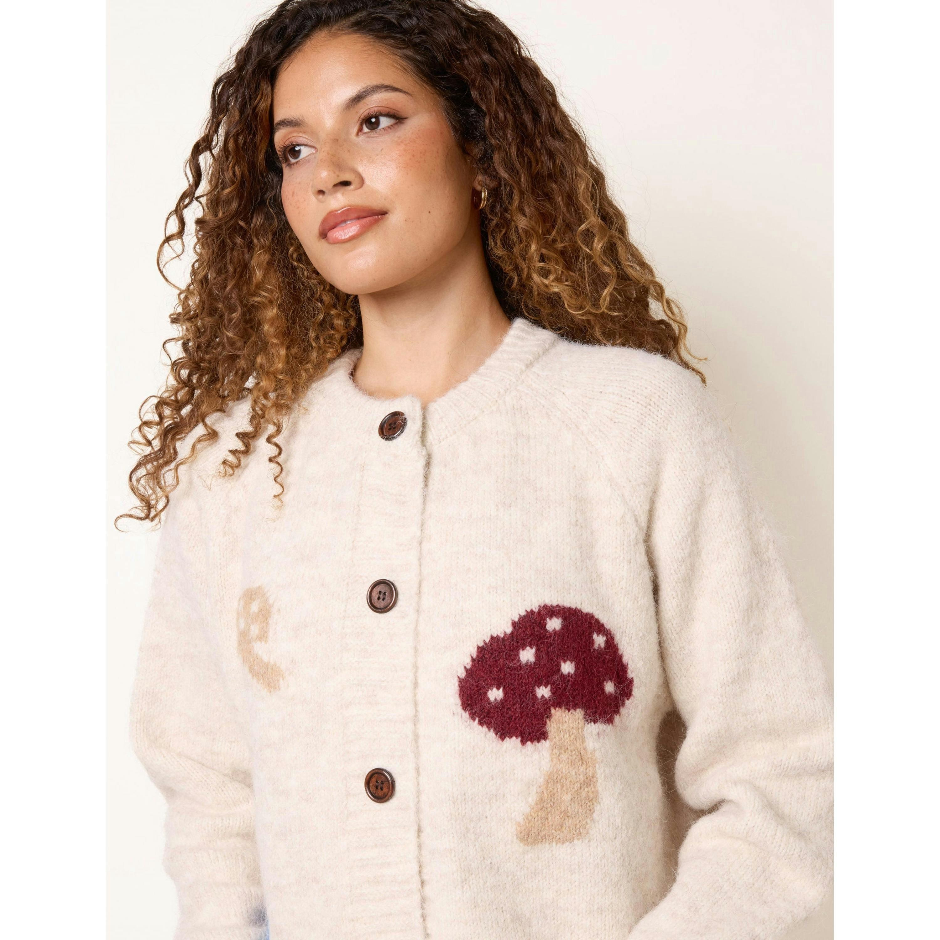 Blue Vanilla Mushroom Print Button Cardigan  in Beige , view 4 of 4