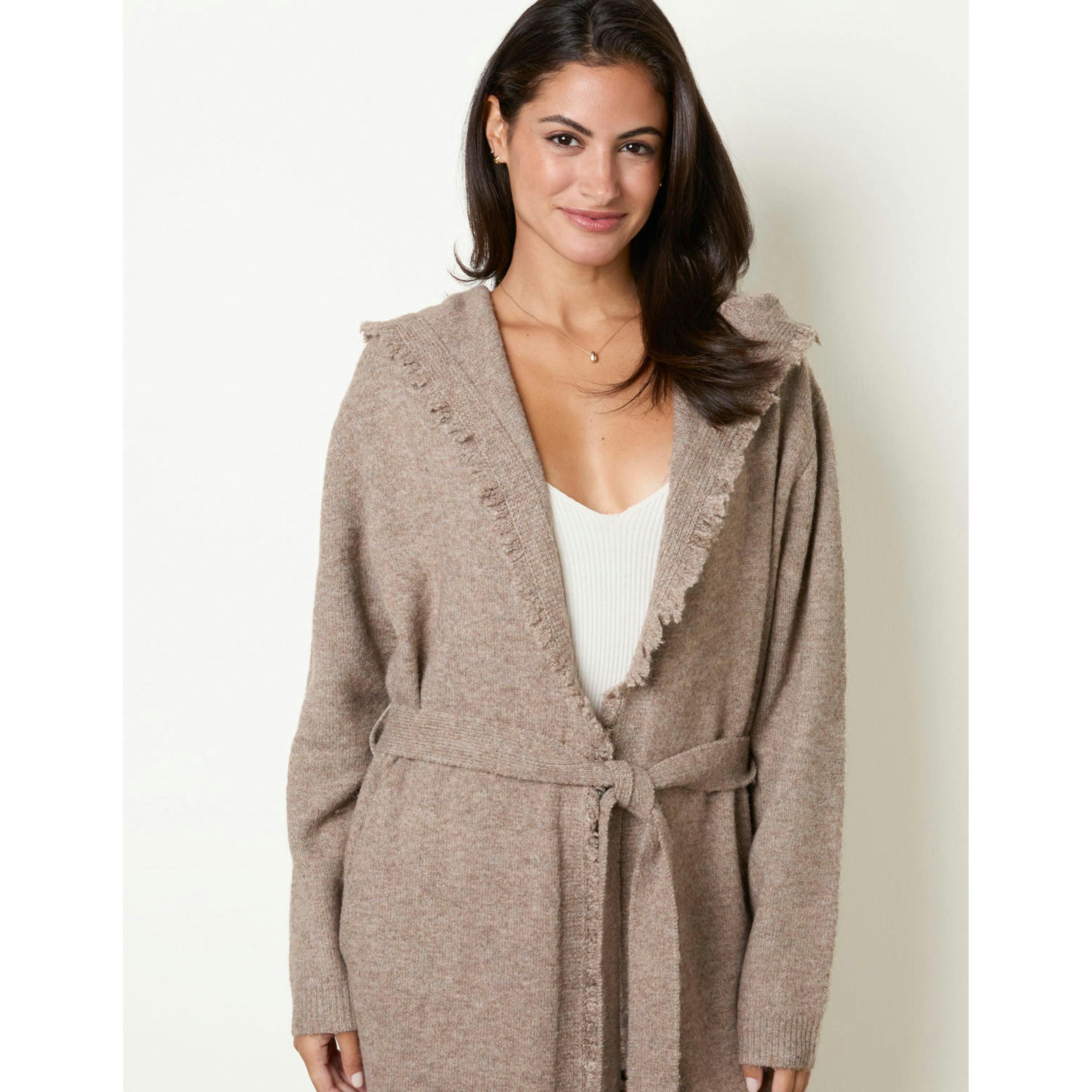 Blue Vanilla Knitted Hooded Long Cardigan  in Brown , view 2 of 4