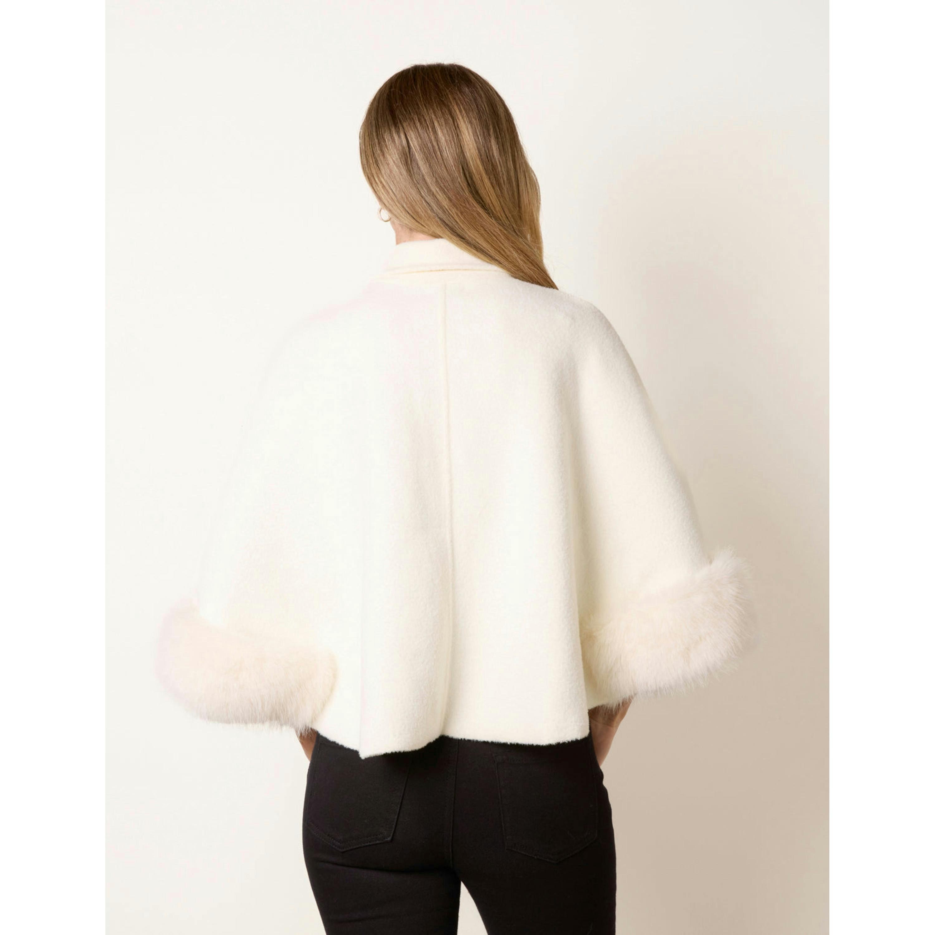 Blue Vanilla Cape Coat With Gold Button And Faux Fur Trim  in Ivory , view 2 of 4
