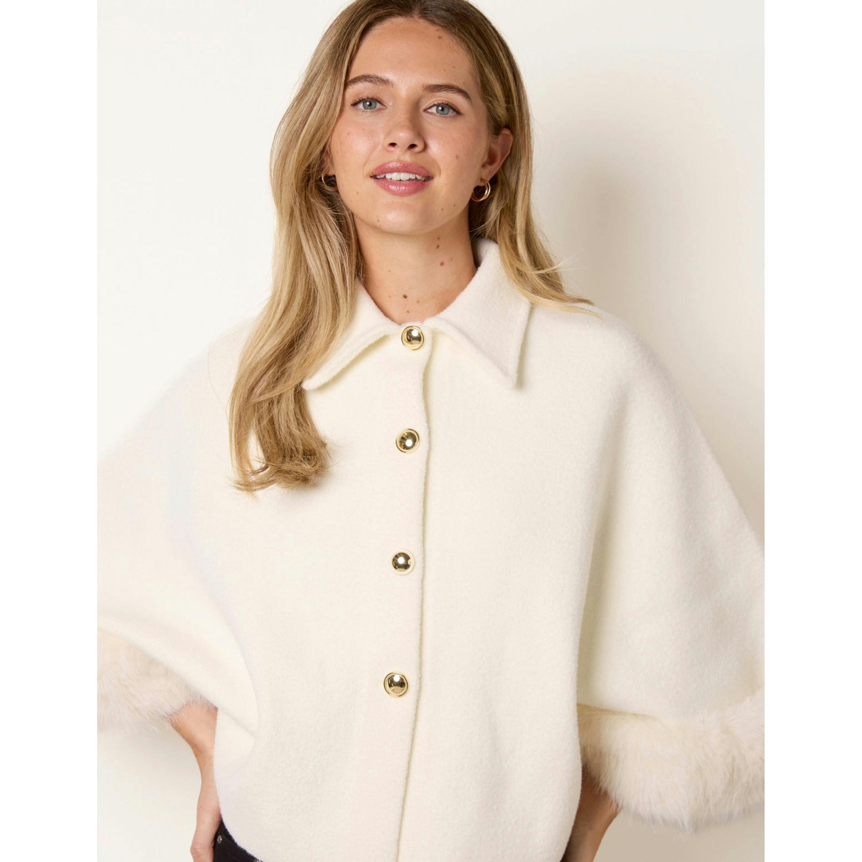 Blue Vanilla Cape Coat With Gold Button And Faux Fur Trim  in Ivory , view 3 of 4