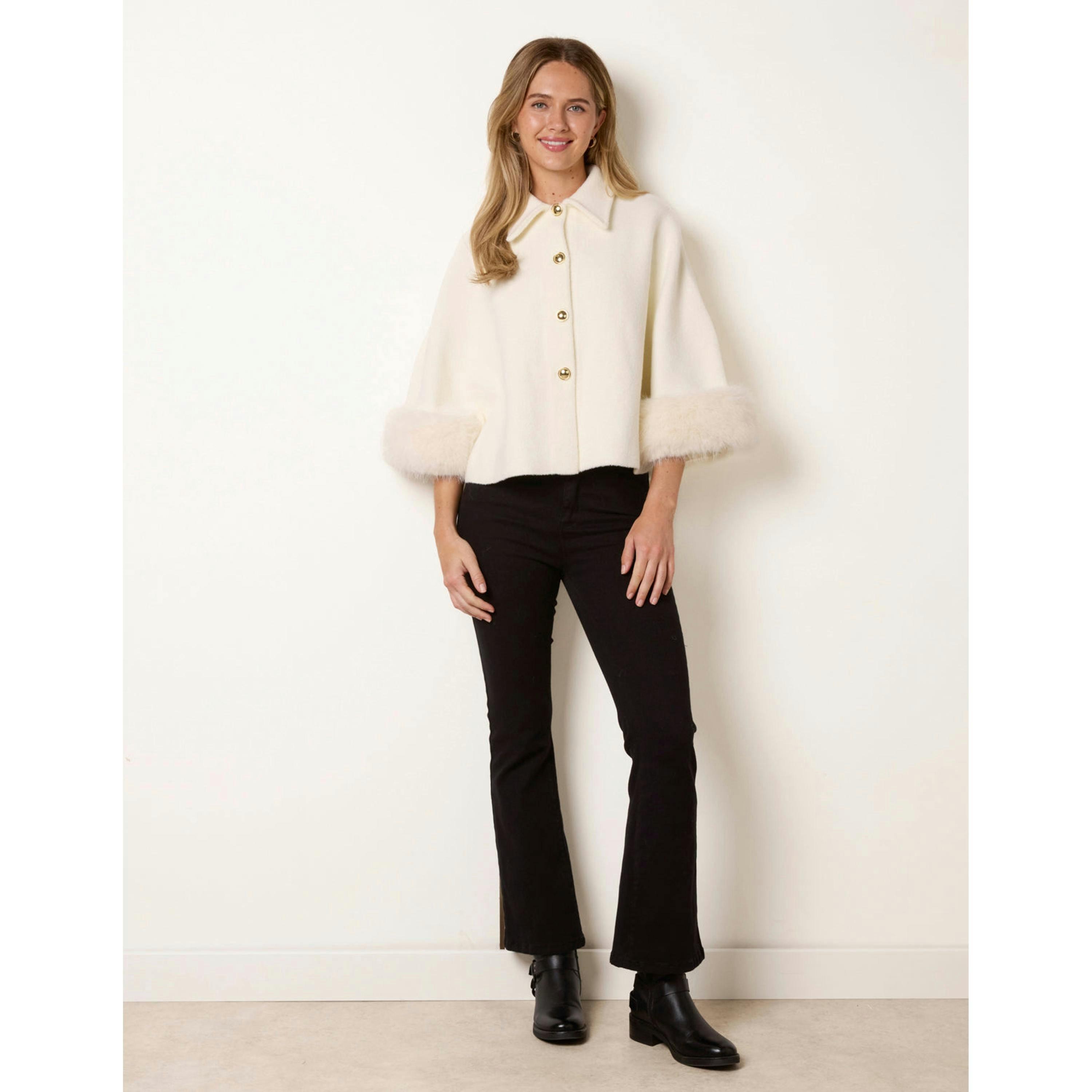 Blue Vanilla Cape Coat With Gold Button And Faux Fur Trim  in Ivory , view 4 of 4