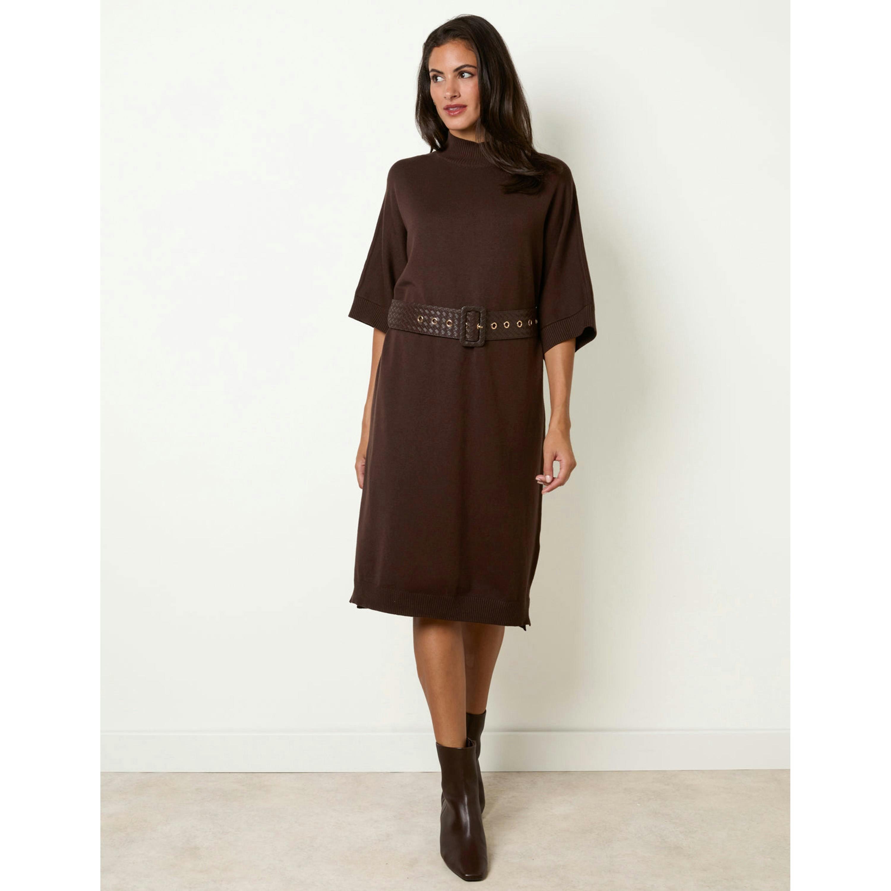 Blue Vanilla Midi Dress With Woven PU Leather Belt  in Brown , view 3 of 4
