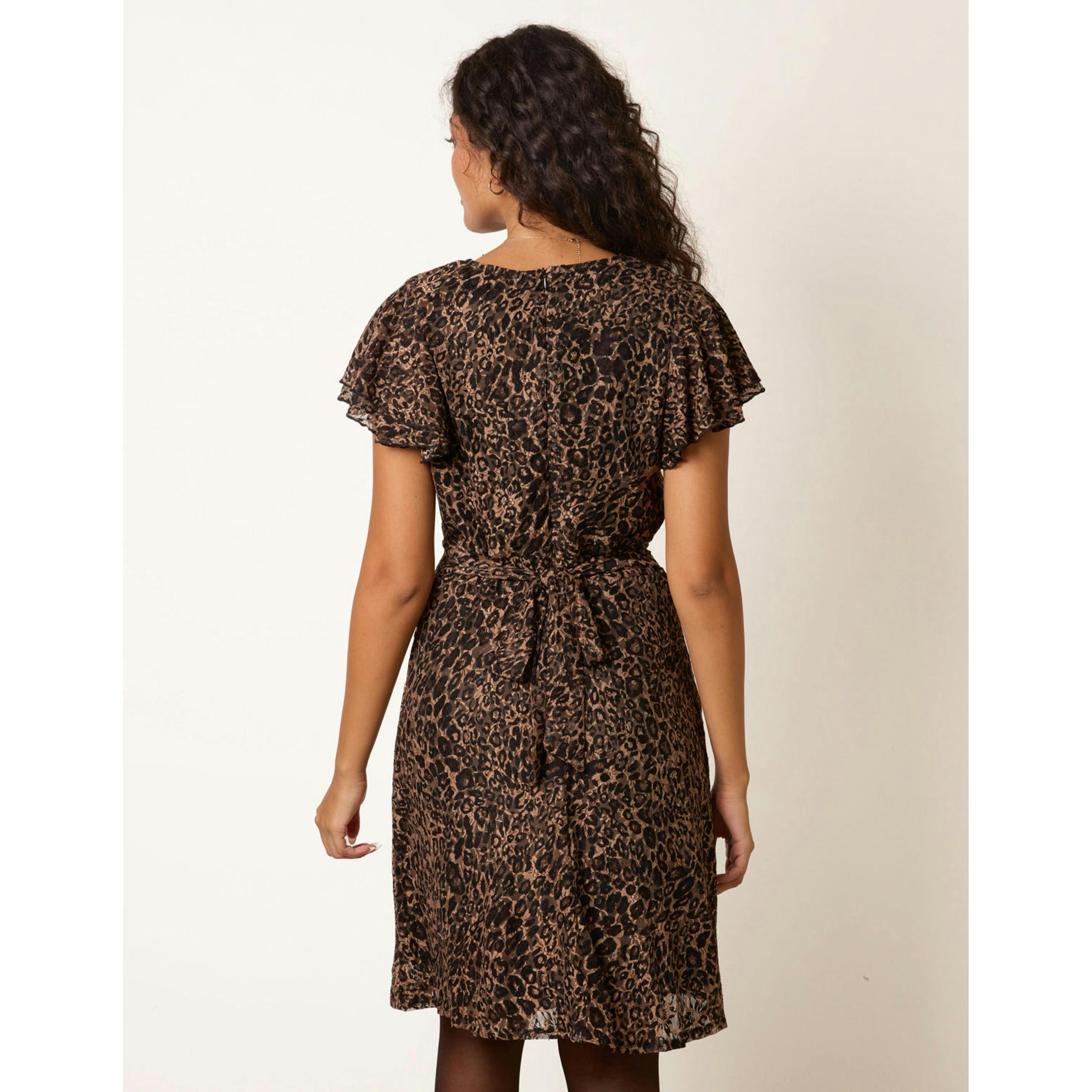 Blue Vanilla Leopard Print Lace Frill Sleeve Wrap Mini Dress  in Brown , view 2 of 4