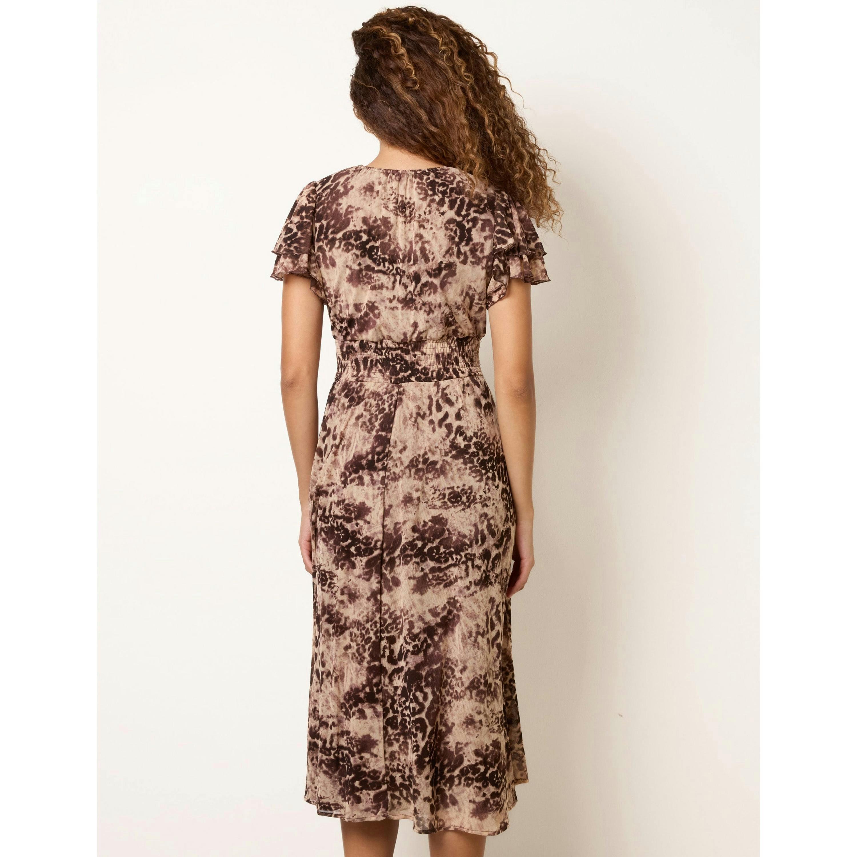 Blue Vanilla Abstract Animal Mesh Shirred V Neck Midi  in Brown , view 2 of 4