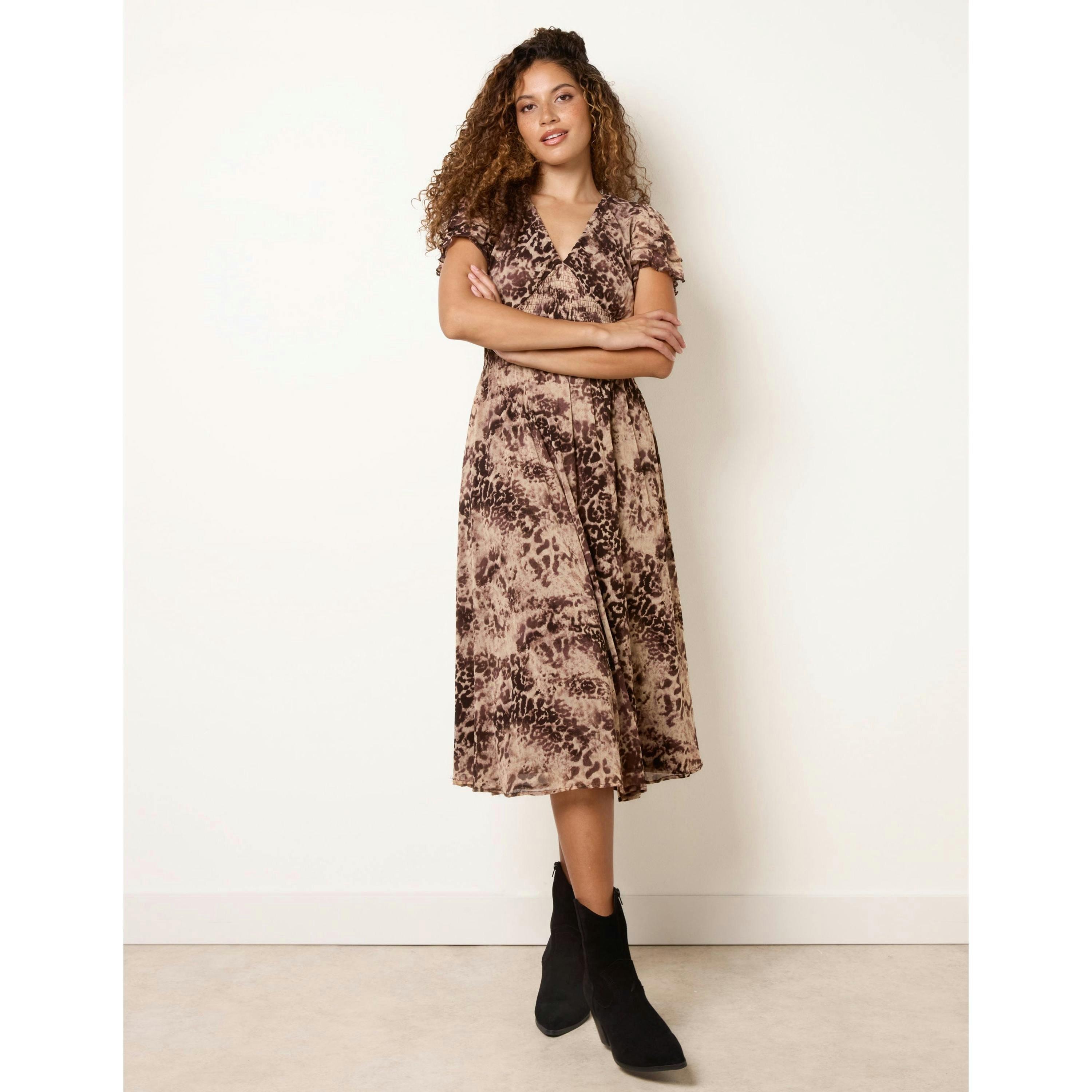Blue Vanilla Abstract Animal Mesh Shirred V Neck Midi  in Brown , view 4 of 4