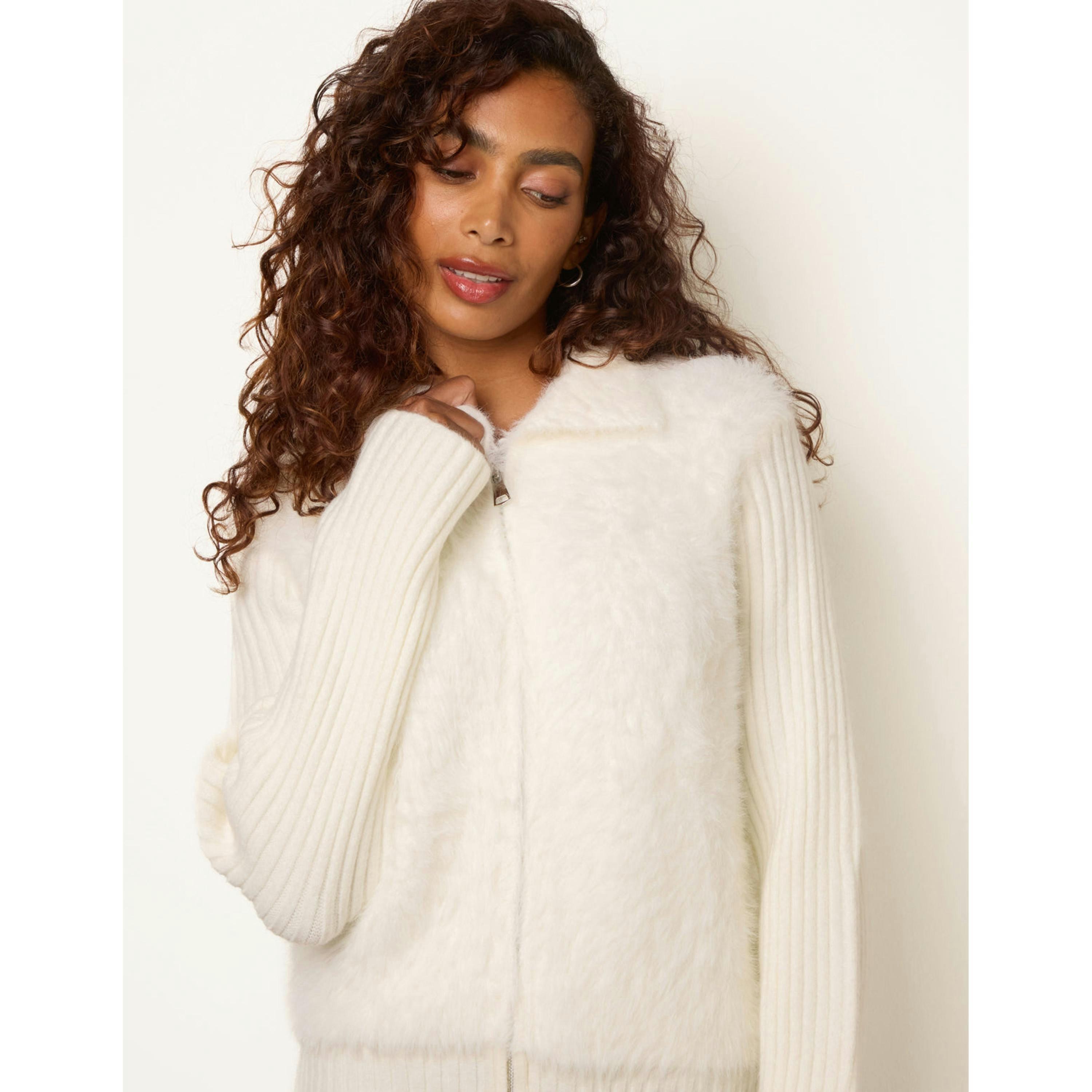 Blue Vanilla Fuzzy Knit Cardigan  in Ivory , view 3 of 4