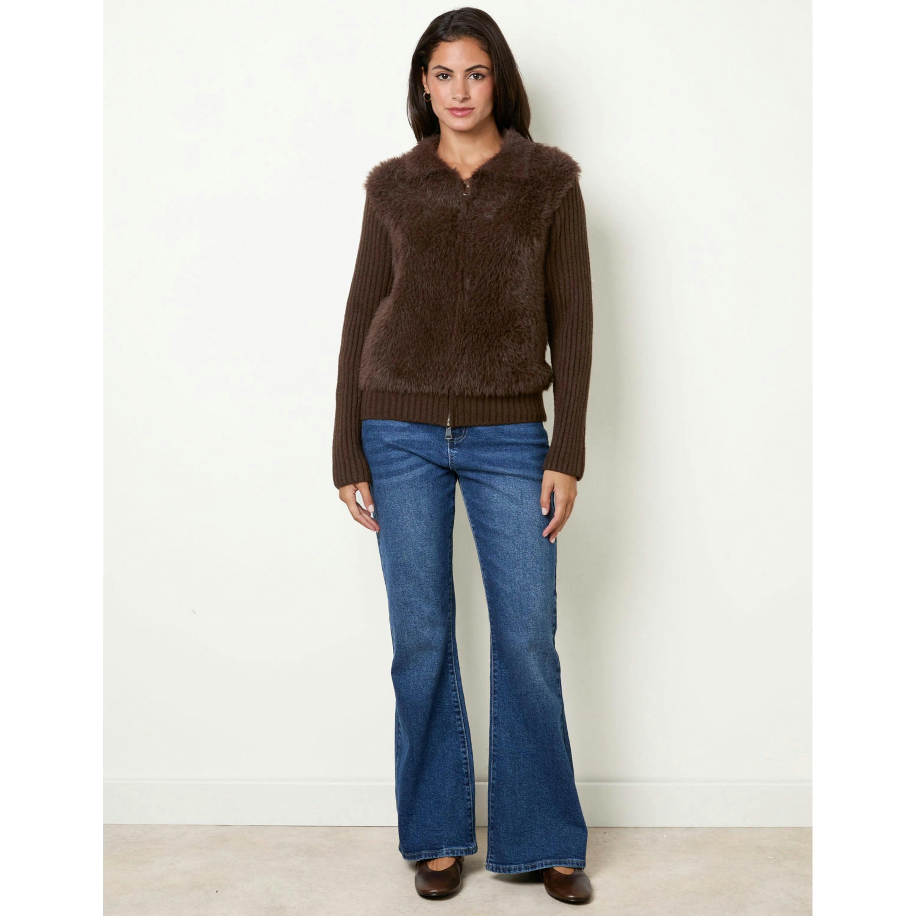Blue Vanilla Fuzzy Knit Cardigan  in Brown , view 3 of 4