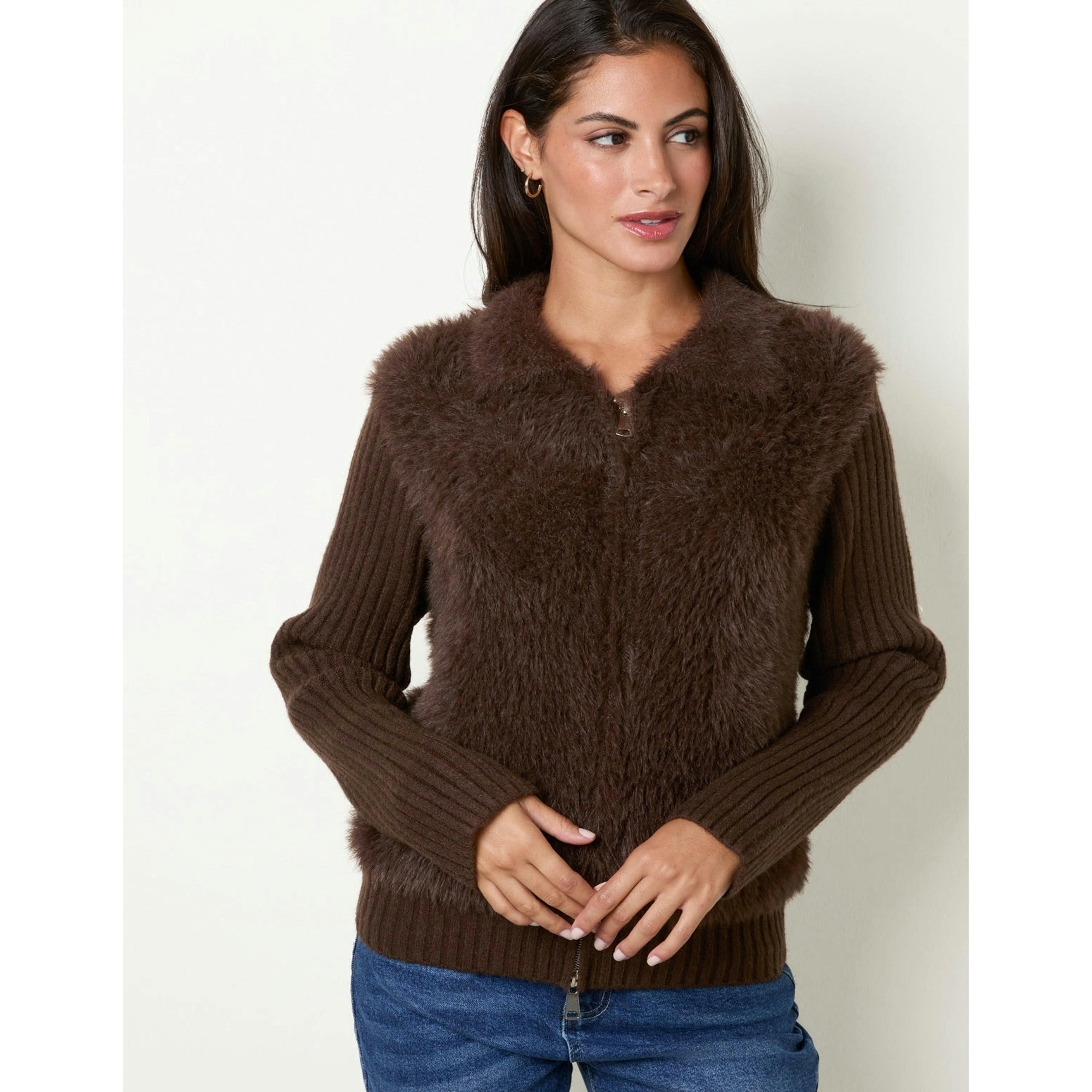 Blue Vanilla Fuzzy Knit Cardigan  in Brown , view 4 of 4