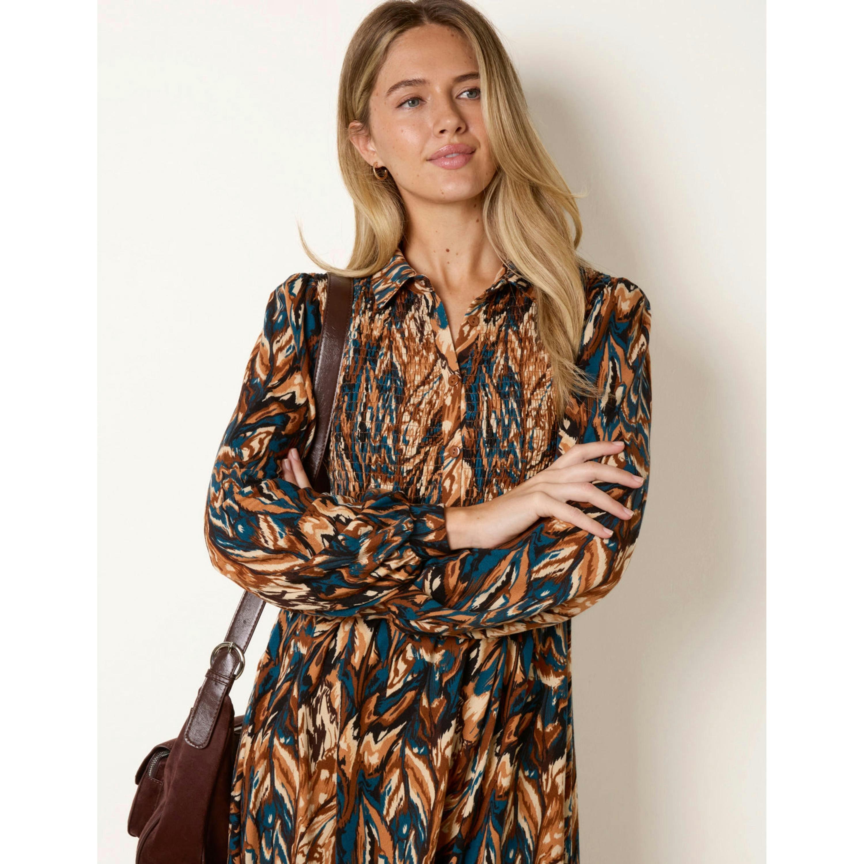 Blue Vanilla Abstract Soft Touch Button Front Collared Midi Dress  in Brown , view 3 of 4