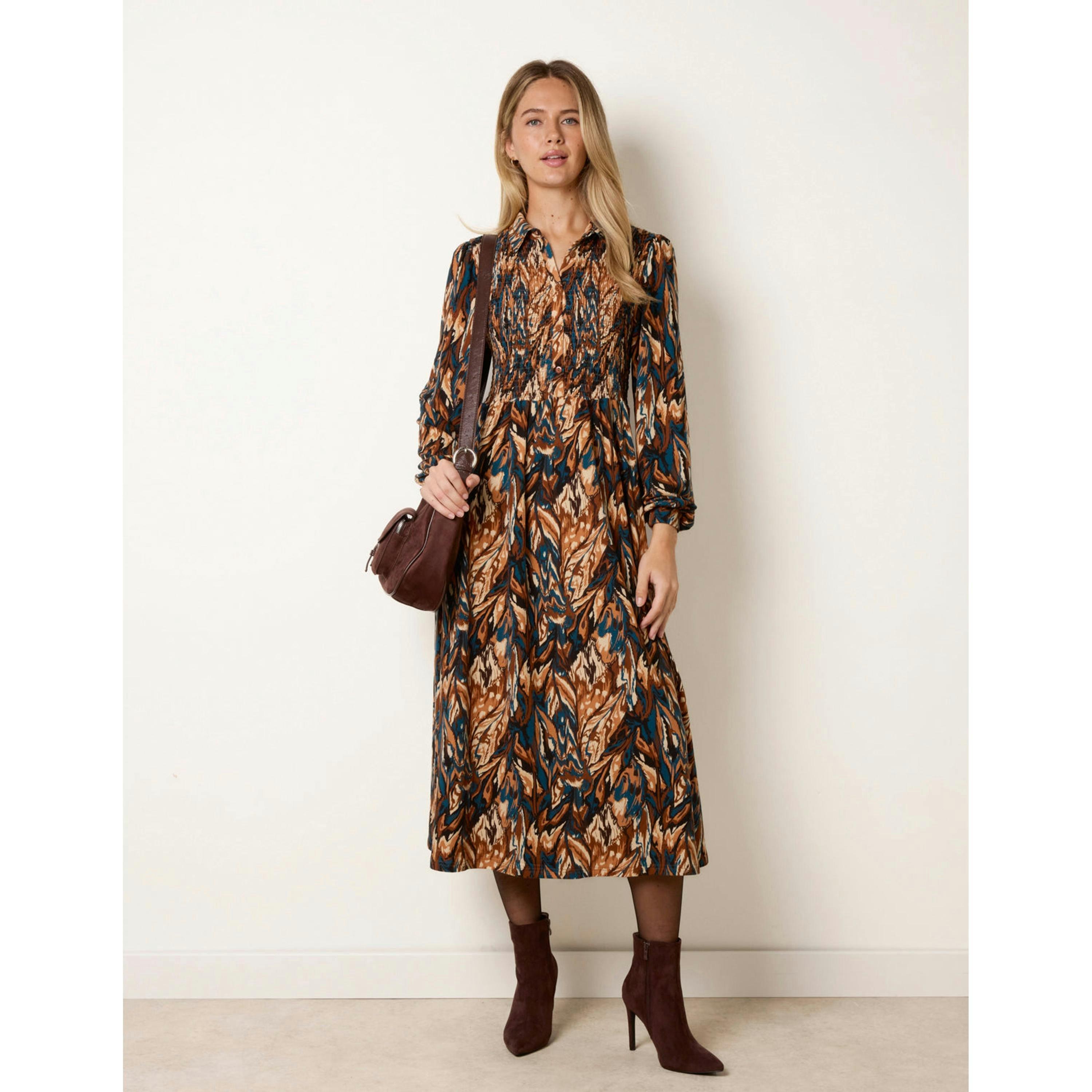 Blue Vanilla Abstract Soft Touch Button Front Collared Midi Dress  in Brown , view 4 of 4