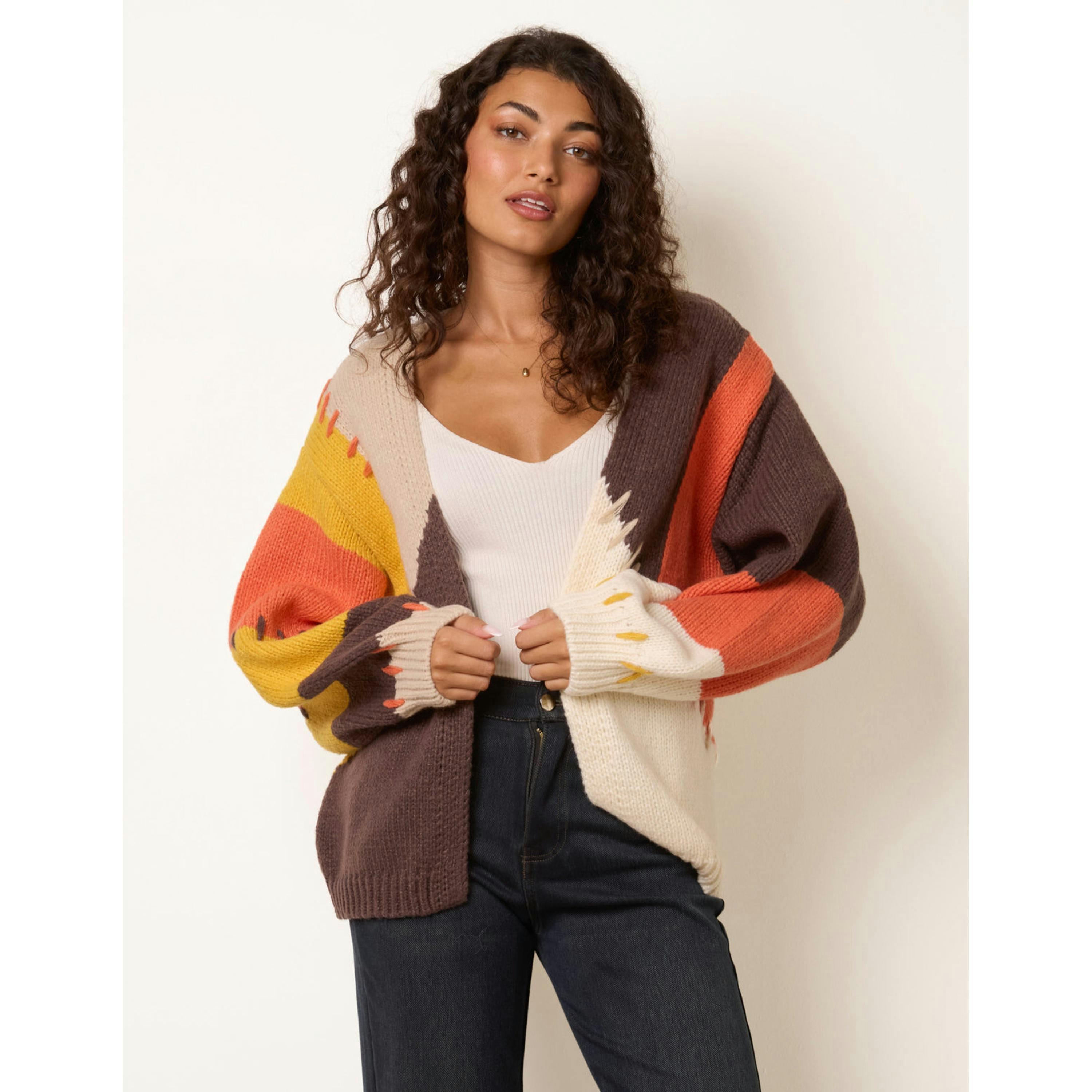 Blue Vanilla Knit Colourblock Cardigans  in Orange , view 3 of 4