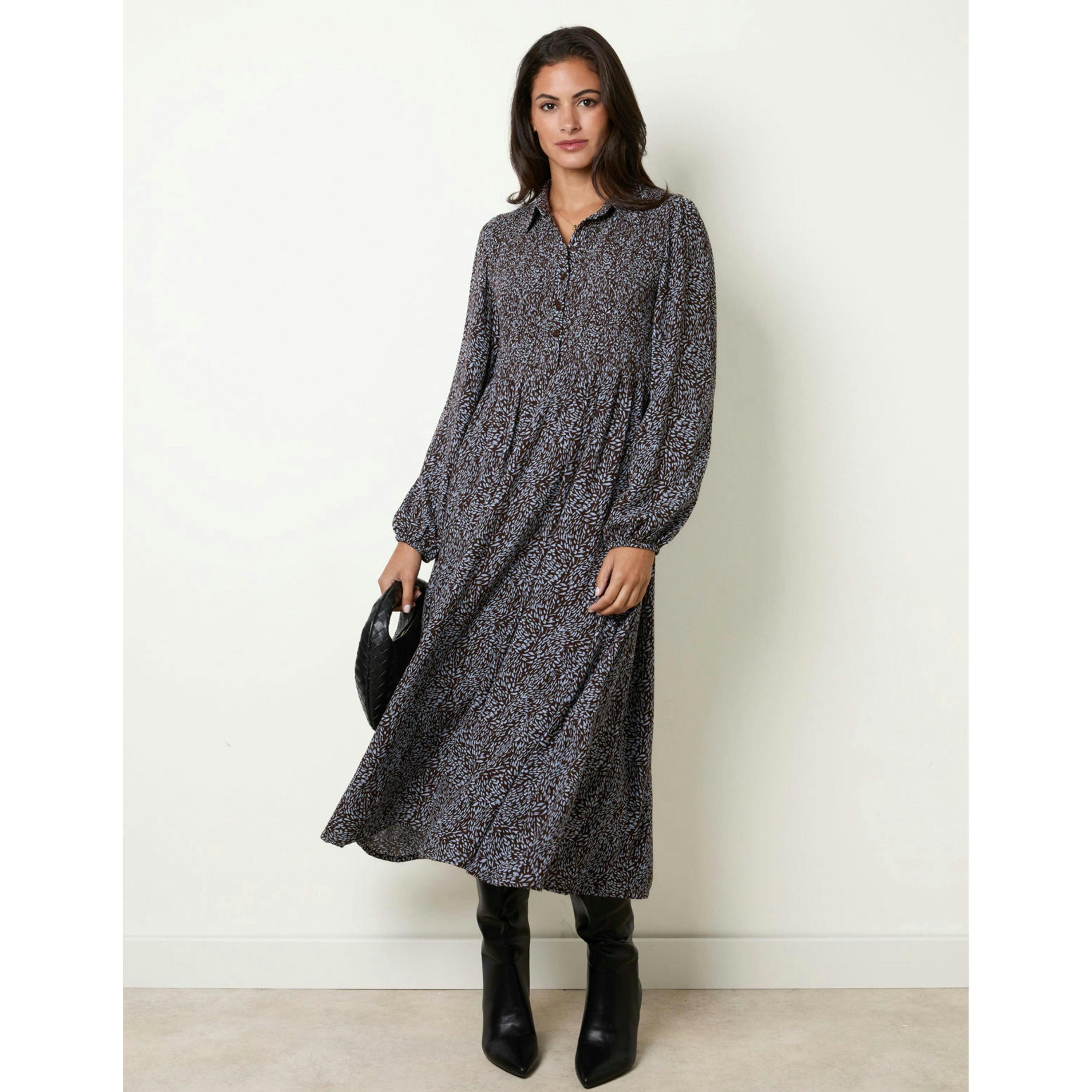 Blue Vanilla Long Sleeve Shirred Midi Dress  in Brown , view 3 of 4