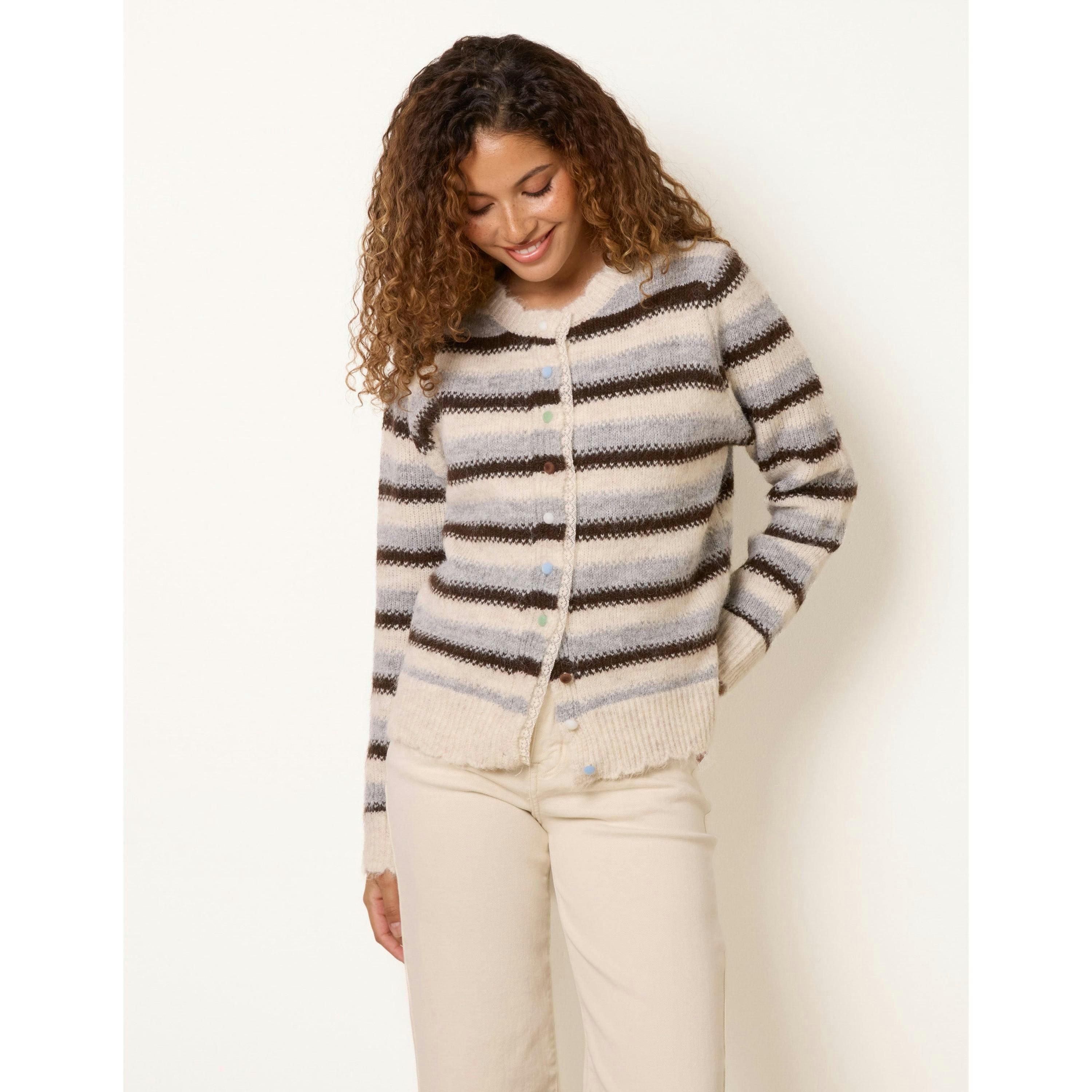 Blue Vanilla Striped Knitted Cardigan  in Beige , view 3 of 4
