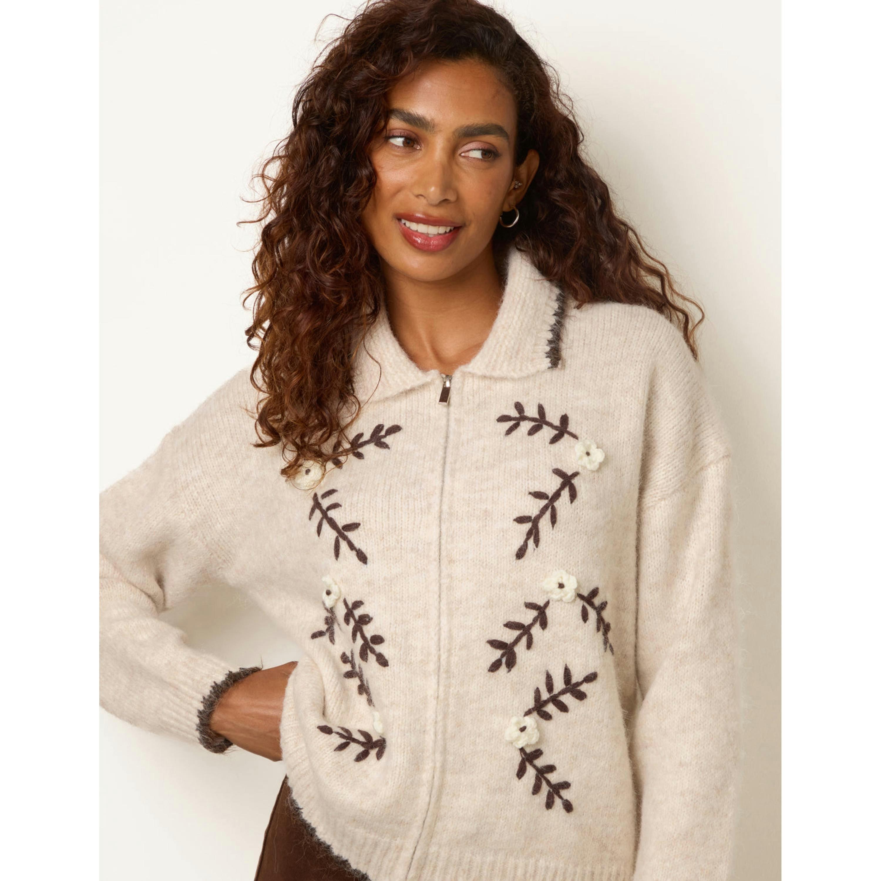 Blue Vanilla Floral Embroidery Cardigan  in Beige , view 3 of 4