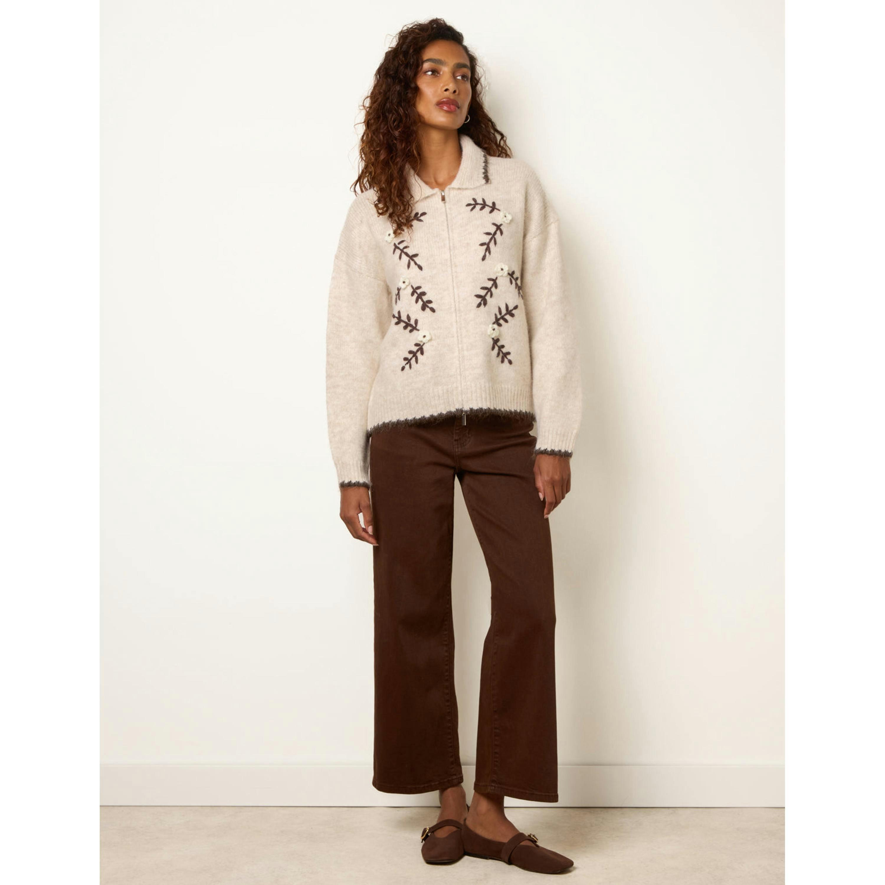 Blue Vanilla Floral Embroidery Cardigan  in Beige , view 4 of 4
