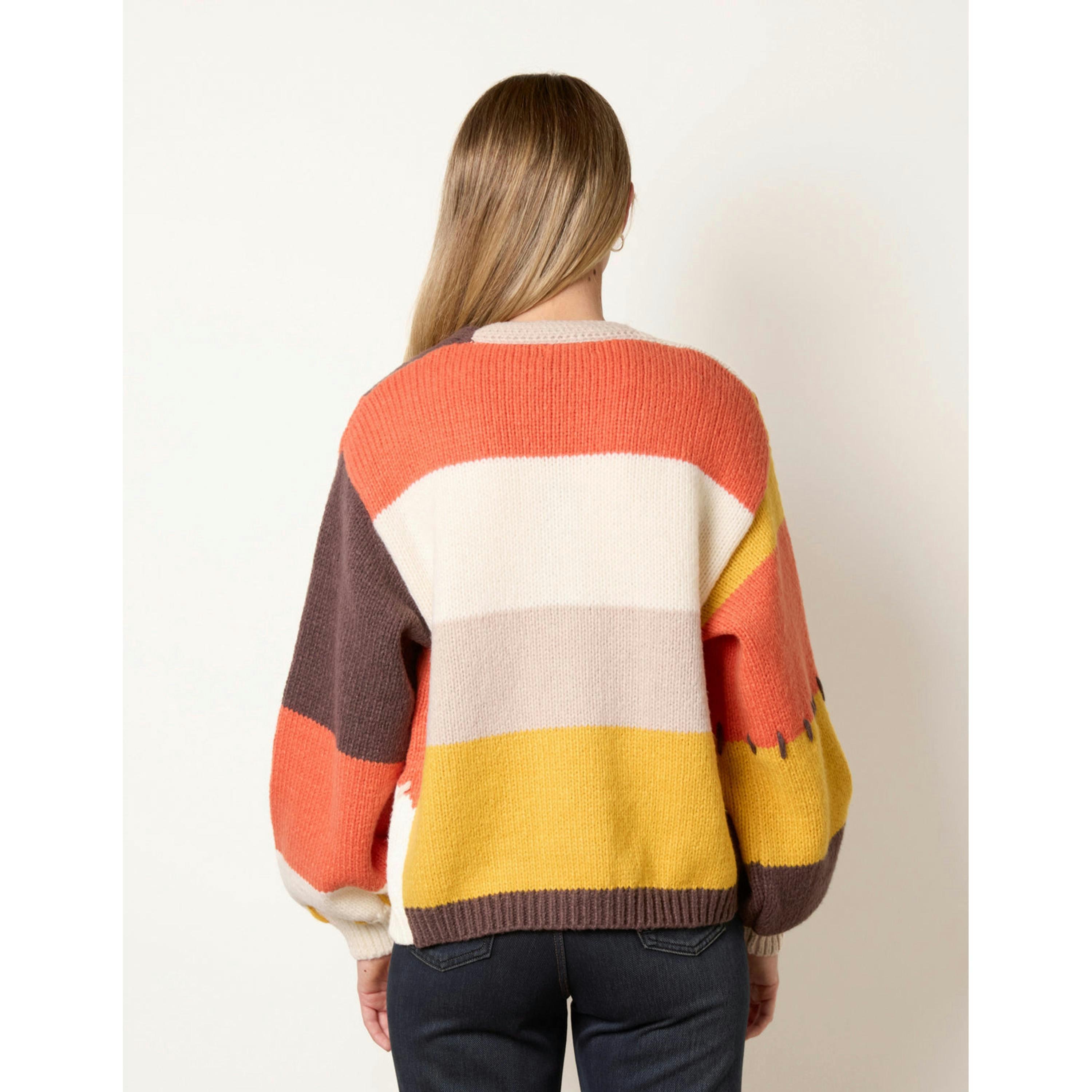 Blue Vanilla Blanket Stitched 3D Daisy Knit Colourblock Cardigan  in Orange , view 2 of 4
