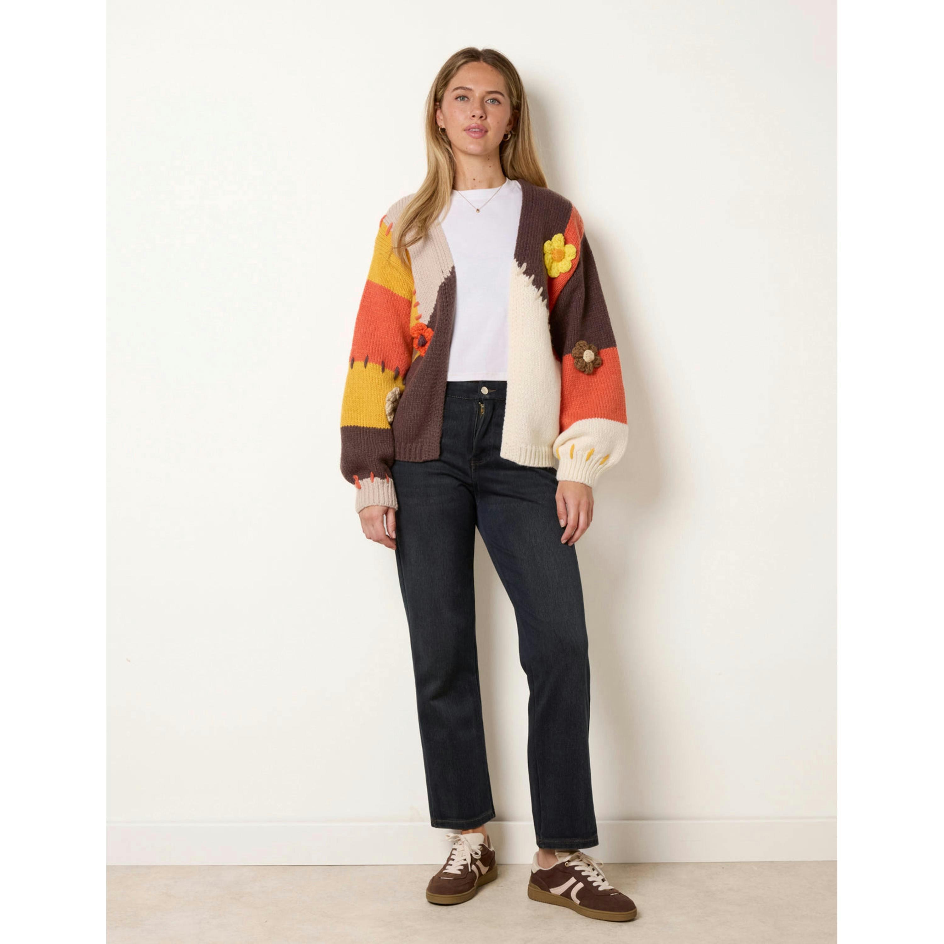 Blue Vanilla Blanket Stitched 3D Daisy Knit Colourblock Cardigan  in Orange , view 3 of 4