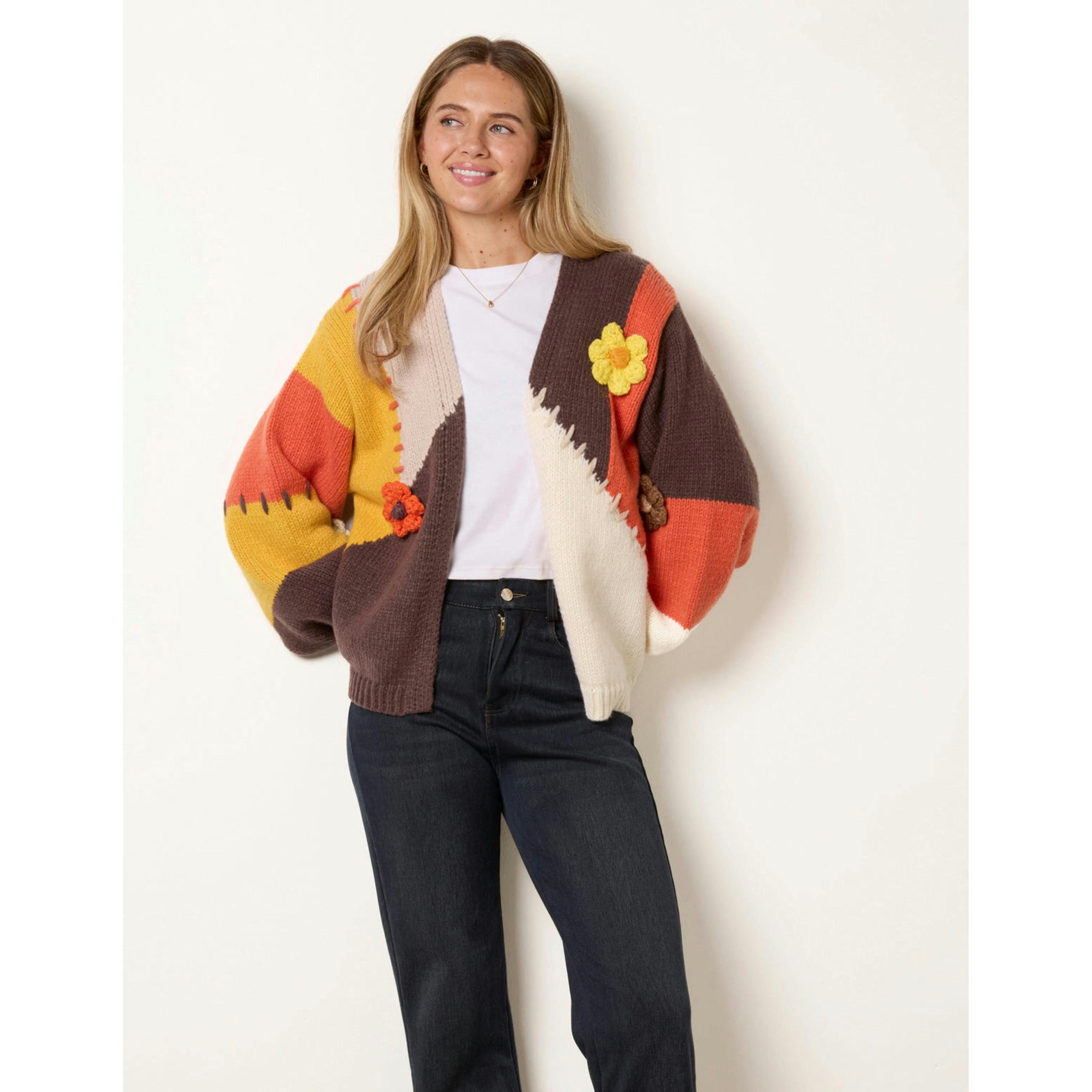 Blue Vanilla Blanket Stitched 3D Daisy Knit Colourblock Cardigan  in Orange , view 4 of 4