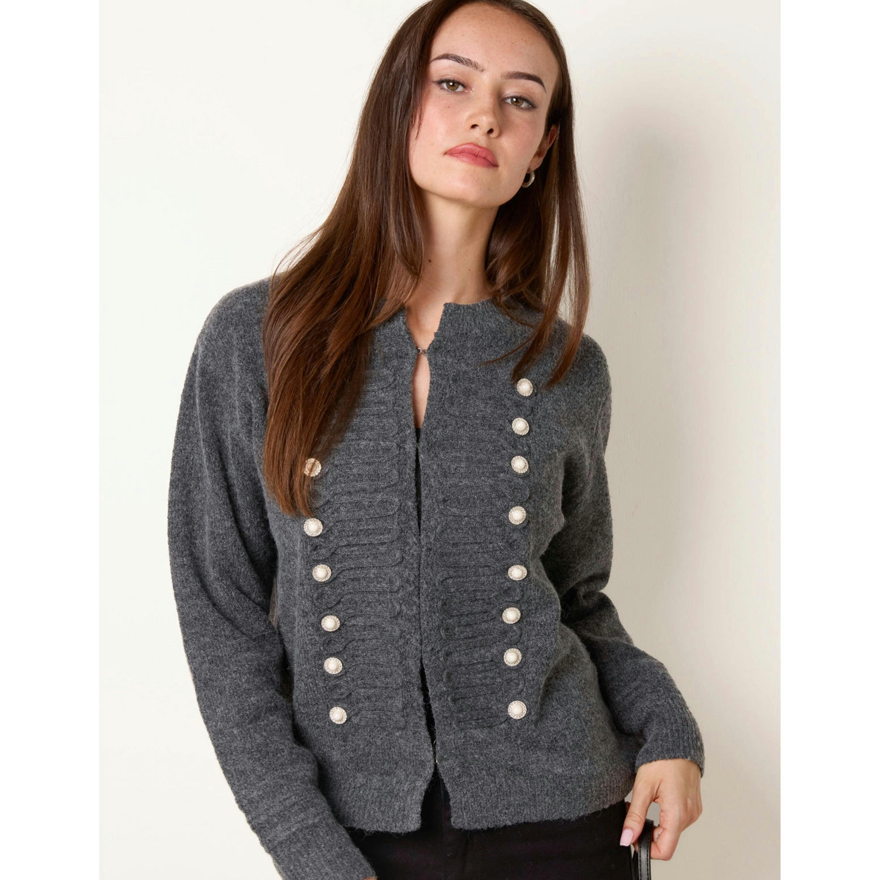 Blue Vanilla Cardigan With Pearl and Diamante Military Button Front Detailing  in Grey , view 3 of 4