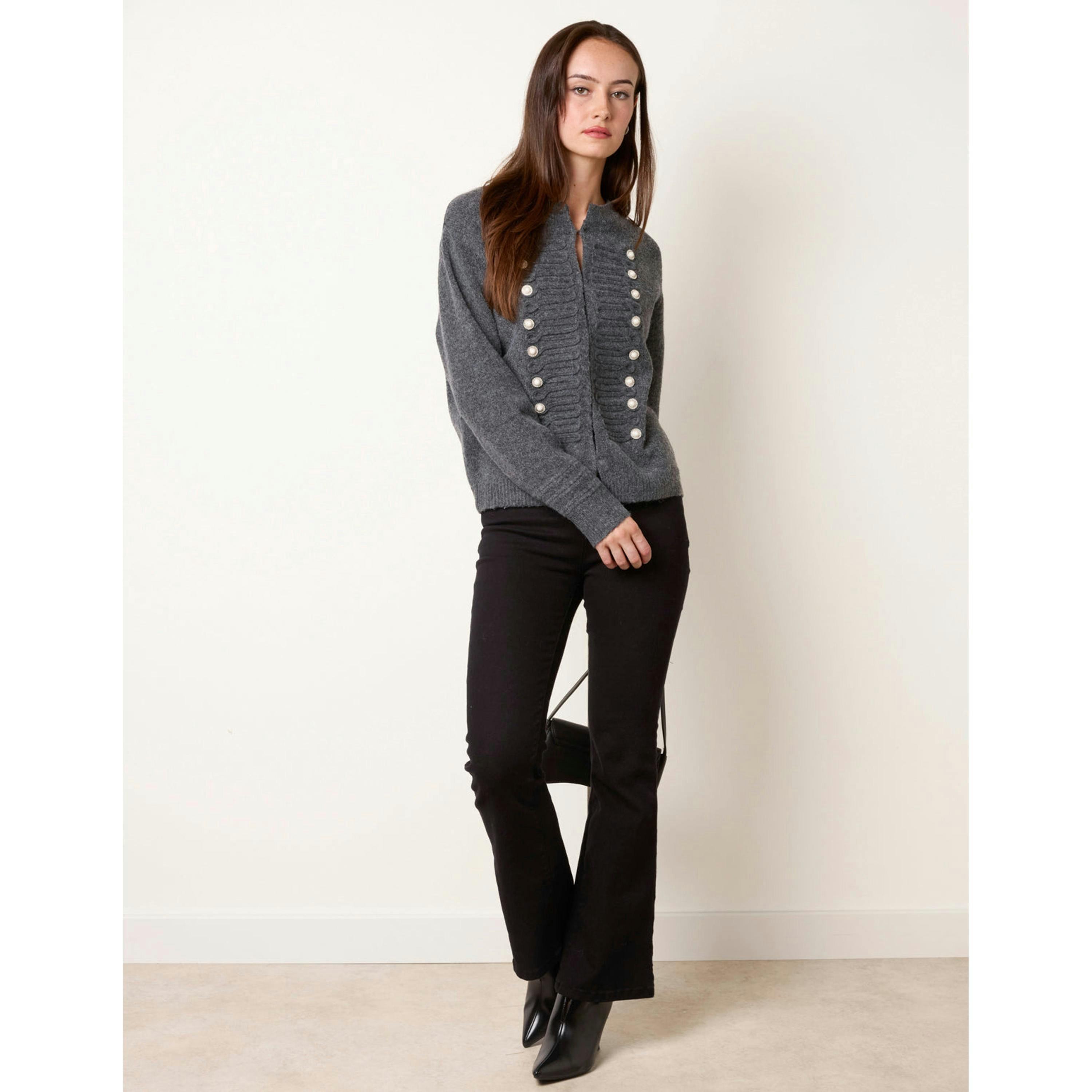 Blue Vanilla Cardigan With Pearl and Diamante Military Button Front Detailing  in Grey , view 4 of 4