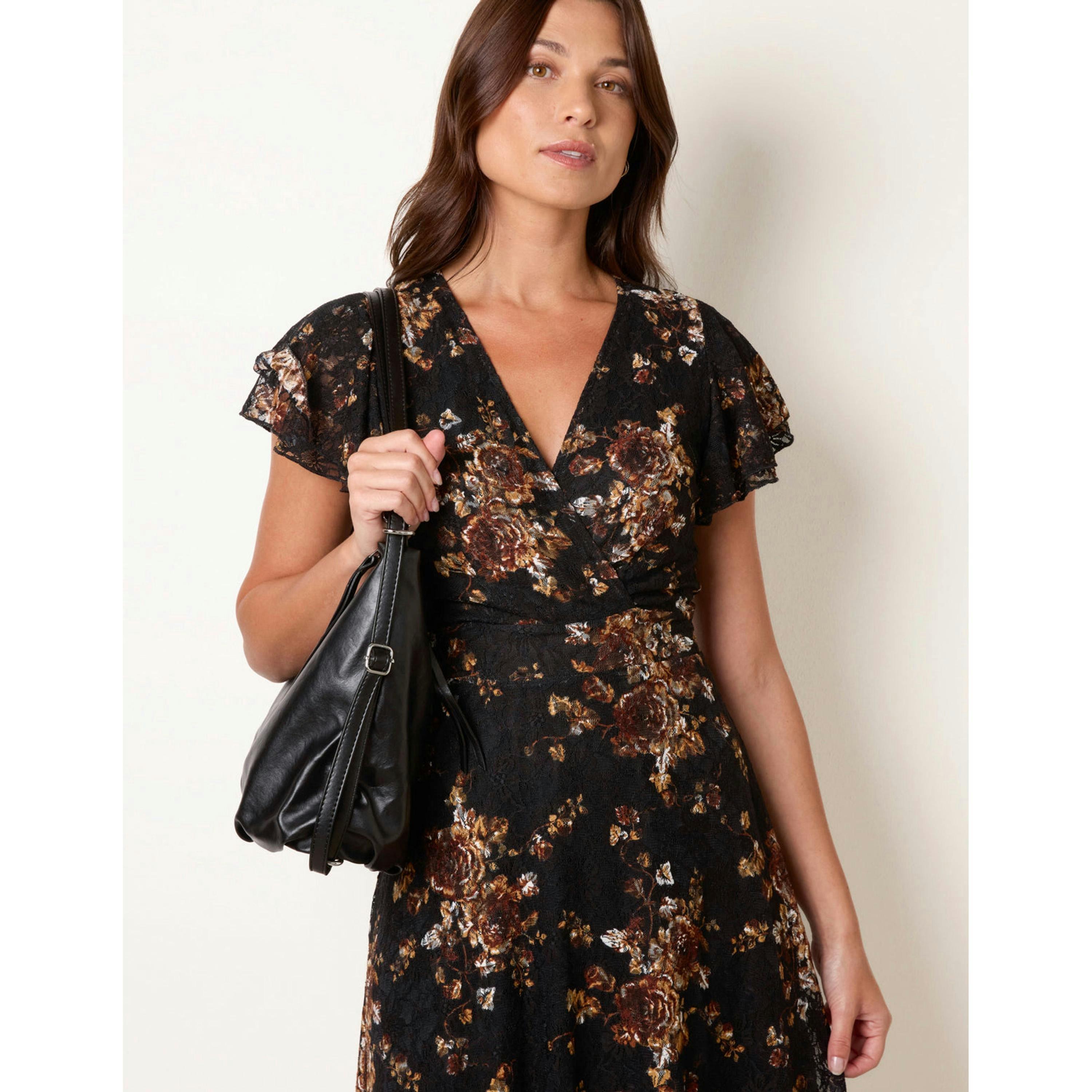 Blue Vanilla Floral Lace Double Sleeve Mini Dress  in Black , view 3 of 4