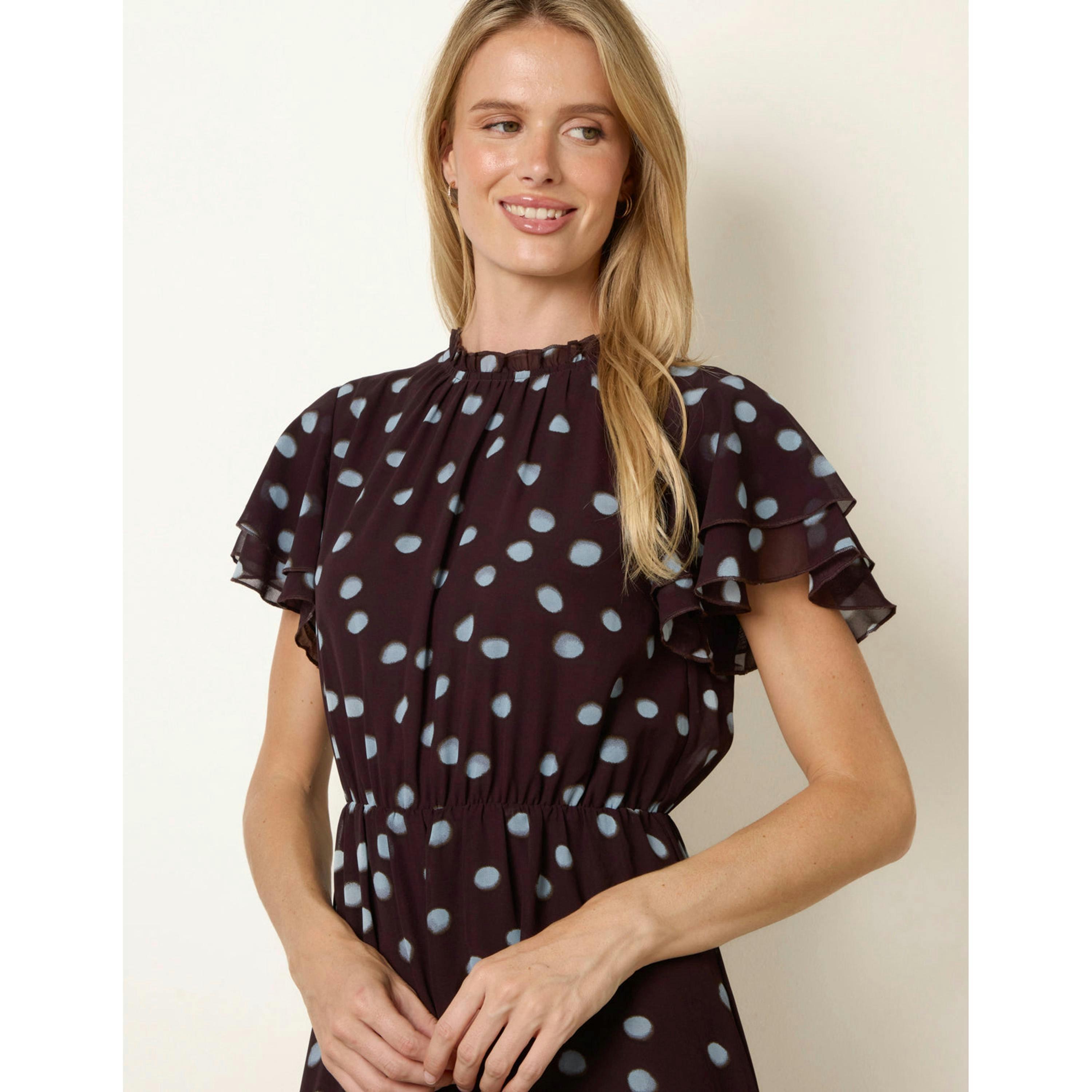 Blue Vanilla Polka Dot Frill Neck Midi Dress  in Brown , view 3 of 5