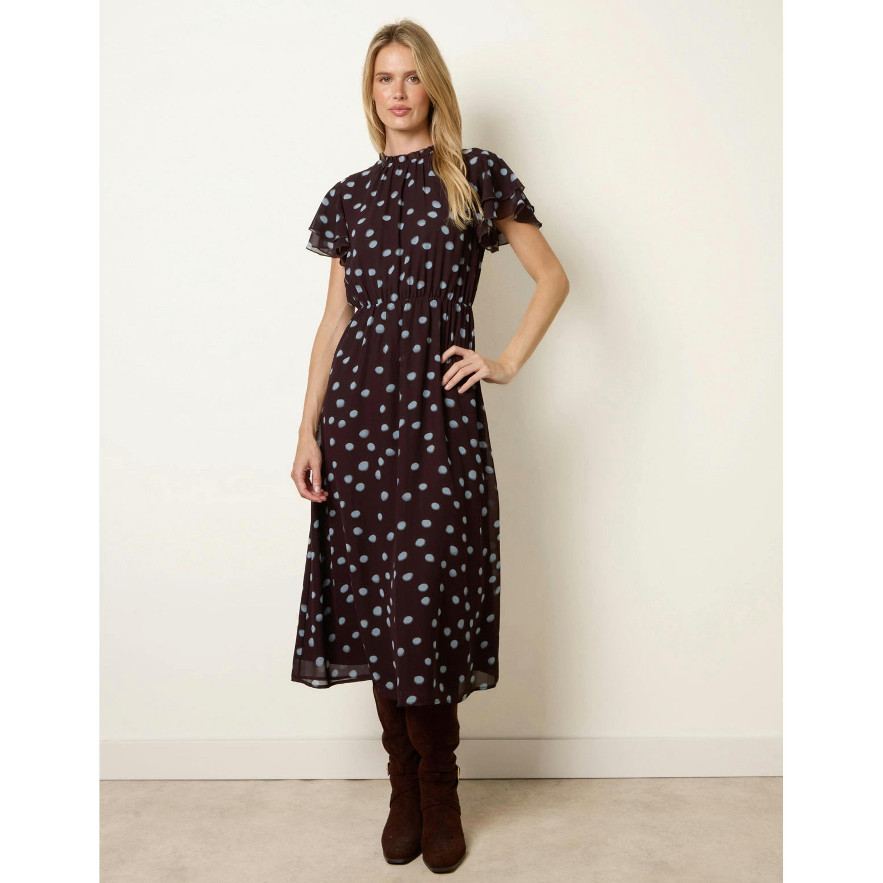 Blue Vanilla Polka Dot Frill Neck Midi Dress  in Brown , view 4 of 5