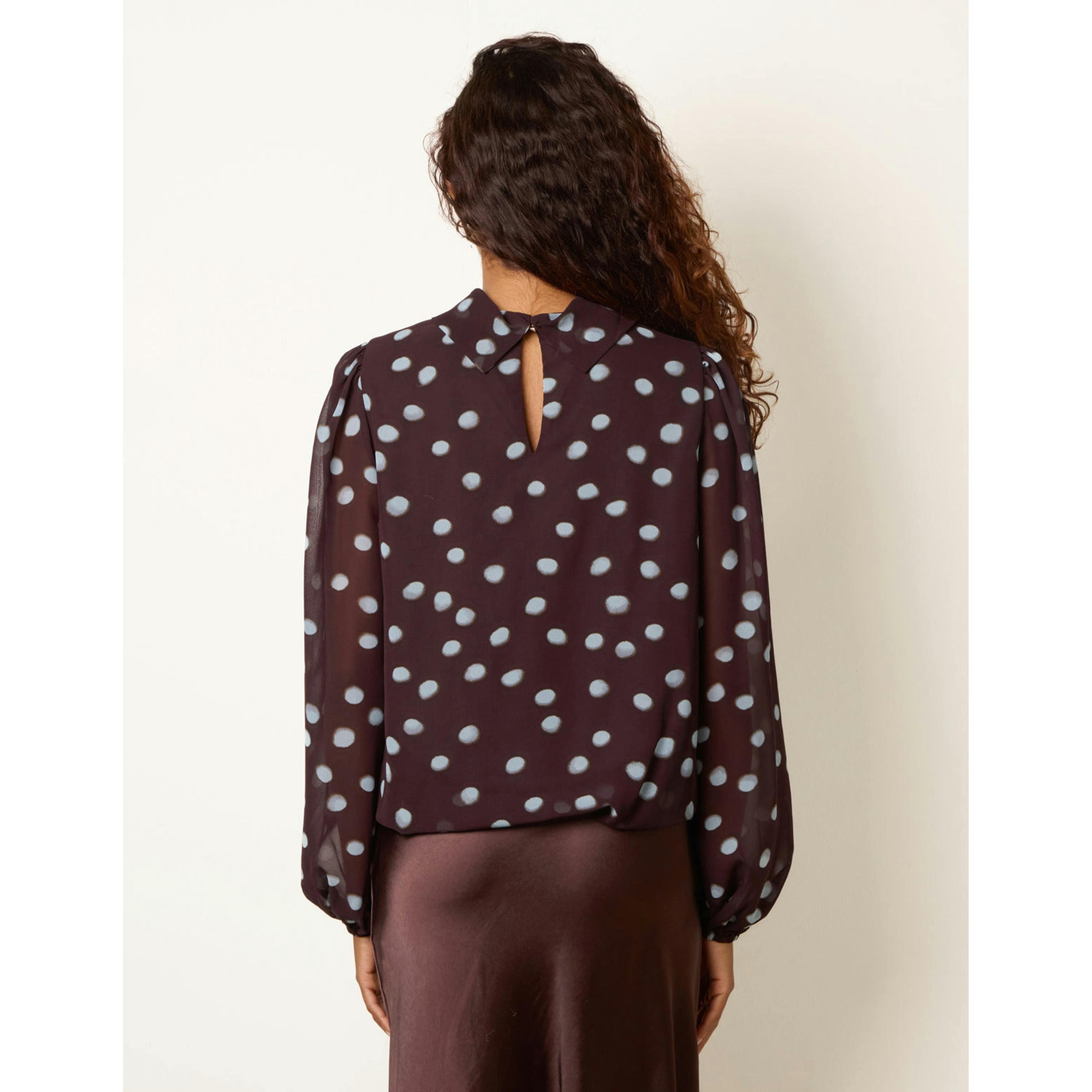 Blue Vanilla Polka Dot Cowl Neck Puff Ball Blouse  in Brown , view 2 of 4