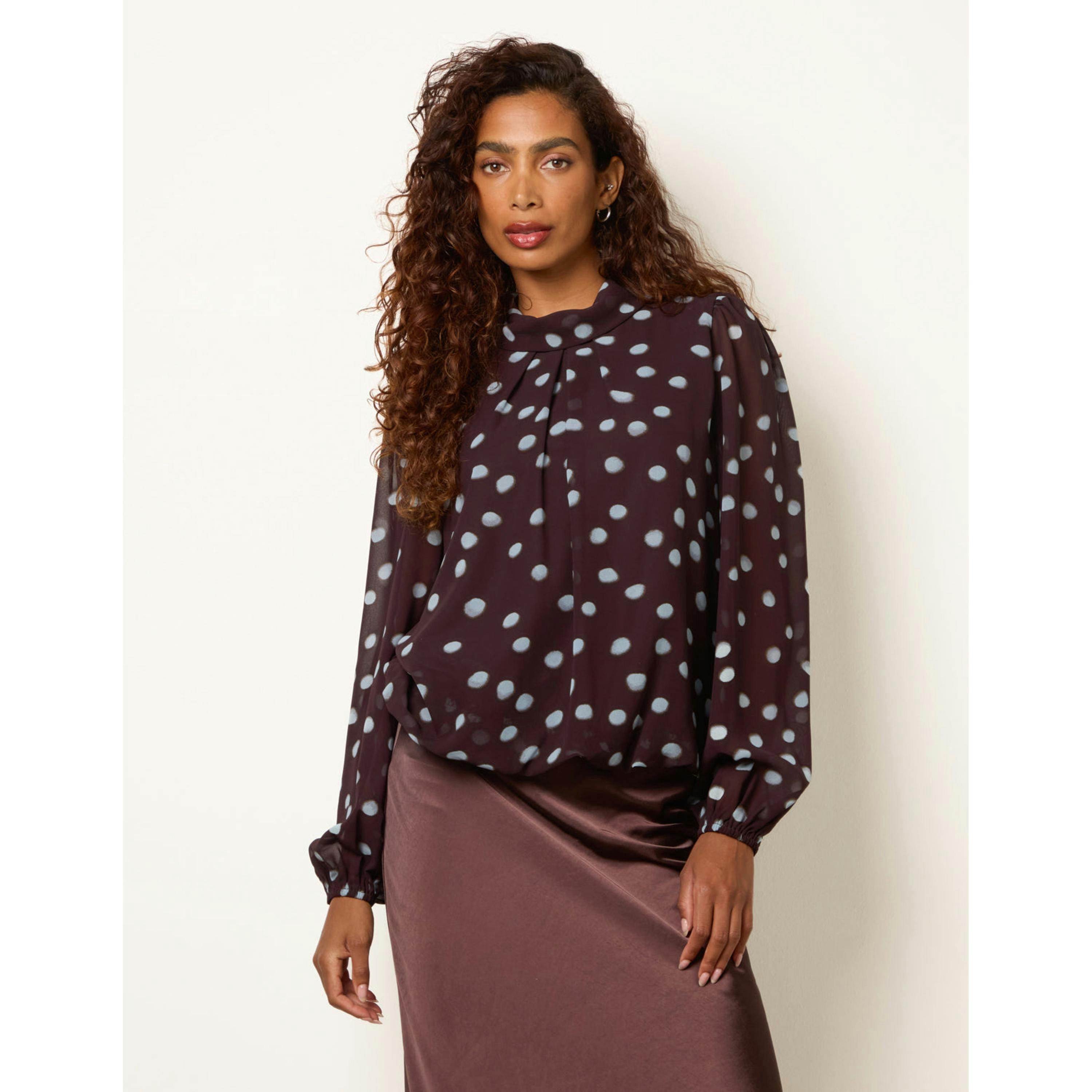 Blue Vanilla Polka Dot Cowl Neck Puff Ball Blouse  in Brown , view 3 of 4