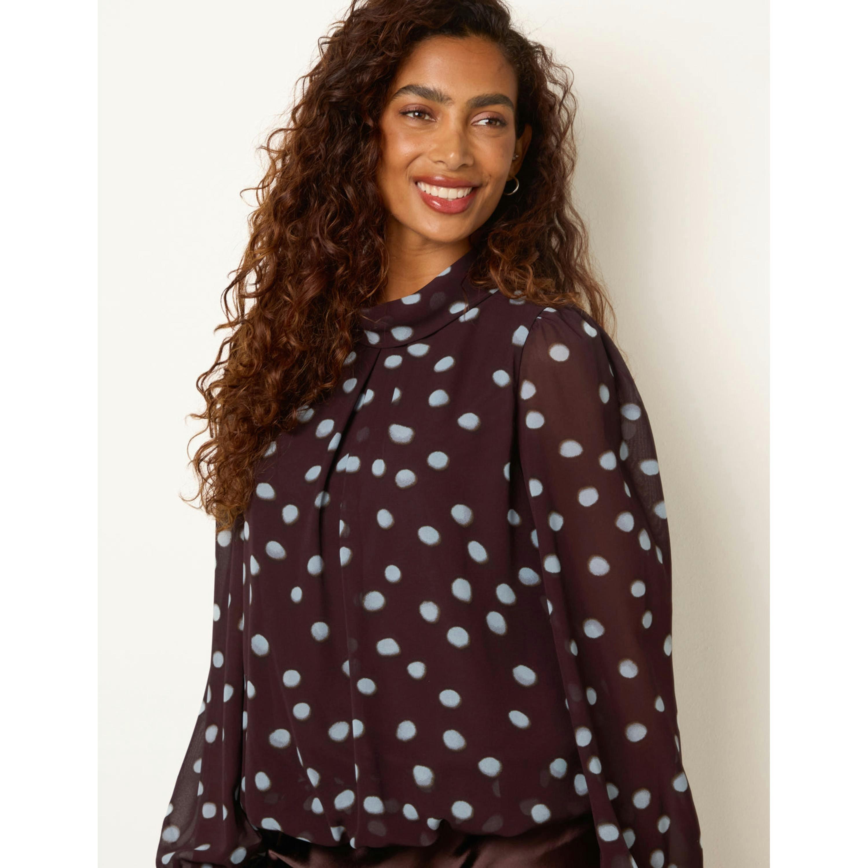 Blue Vanilla Polka Dot Cowl Neck Puff Ball Blouse  in Brown , view 4 of 4