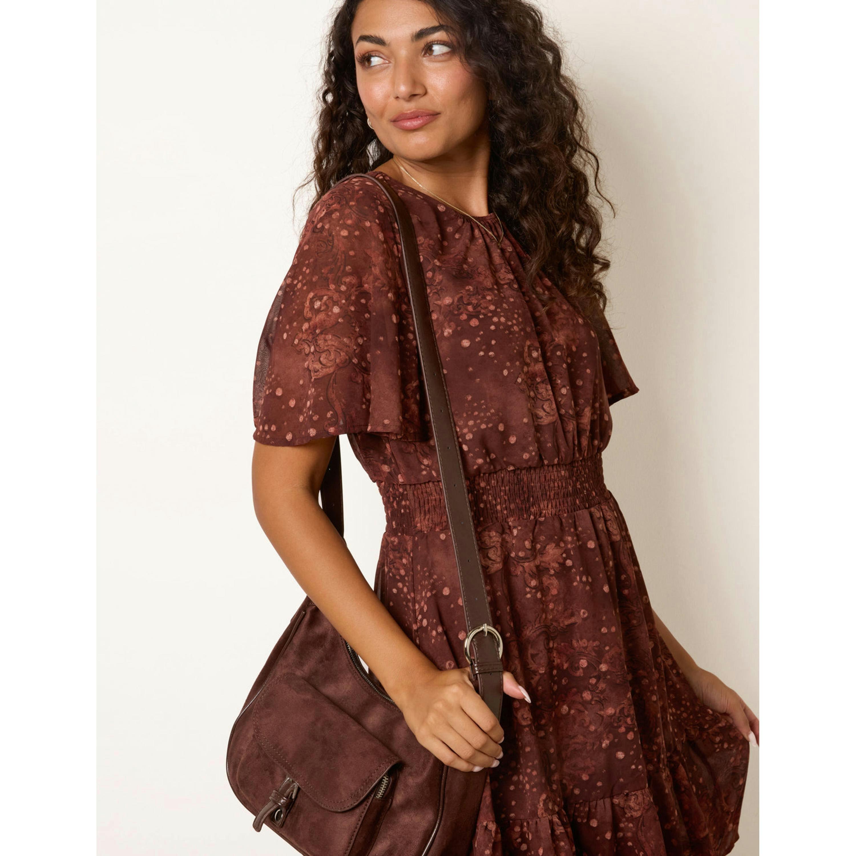 Blue Vanilla Crew Neck Frill Sleeve Mini Dress  in Brown , view 3 of 4