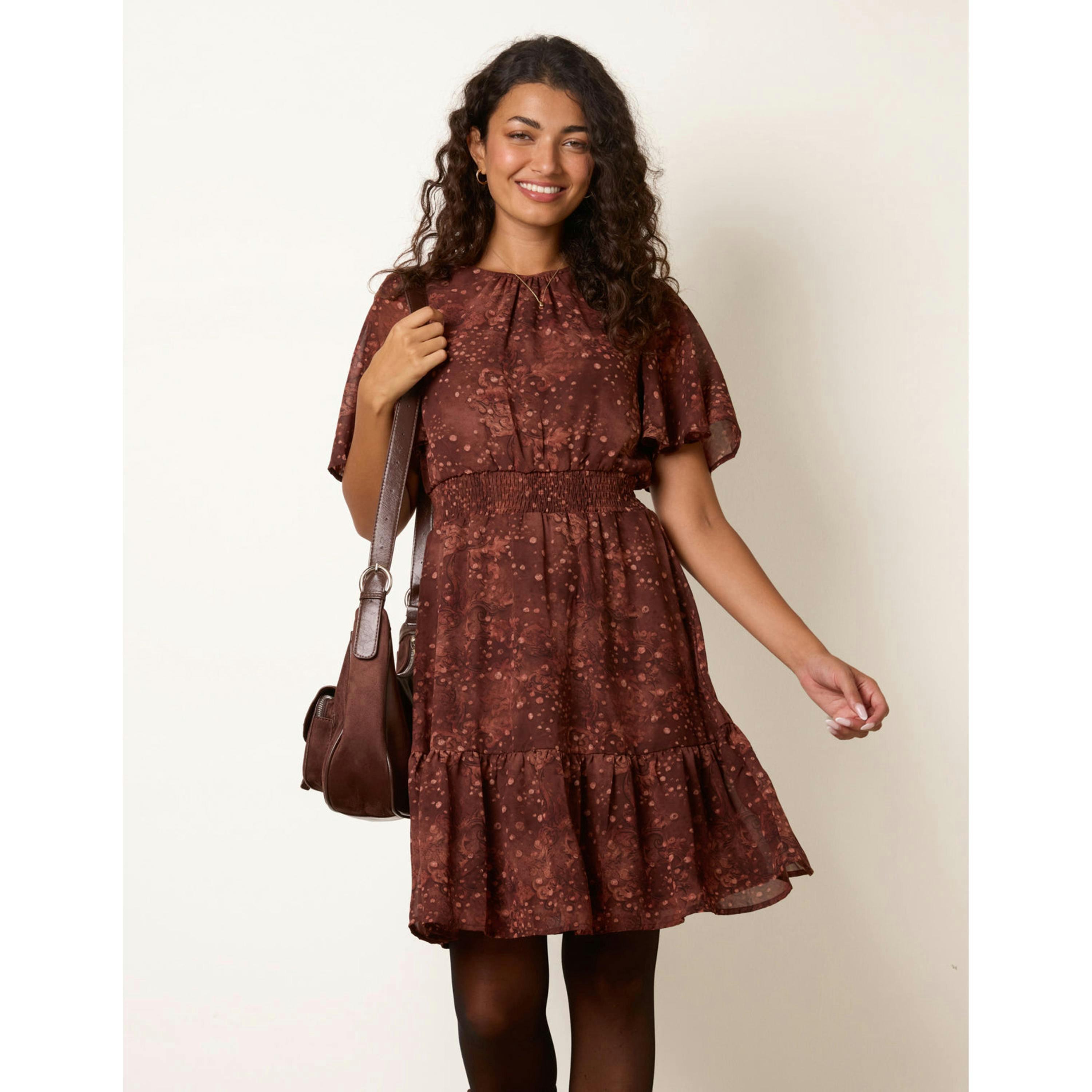 Blue Vanilla Crew Neck Frill Sleeve Mini Dress  in Brown , view 4 of 4