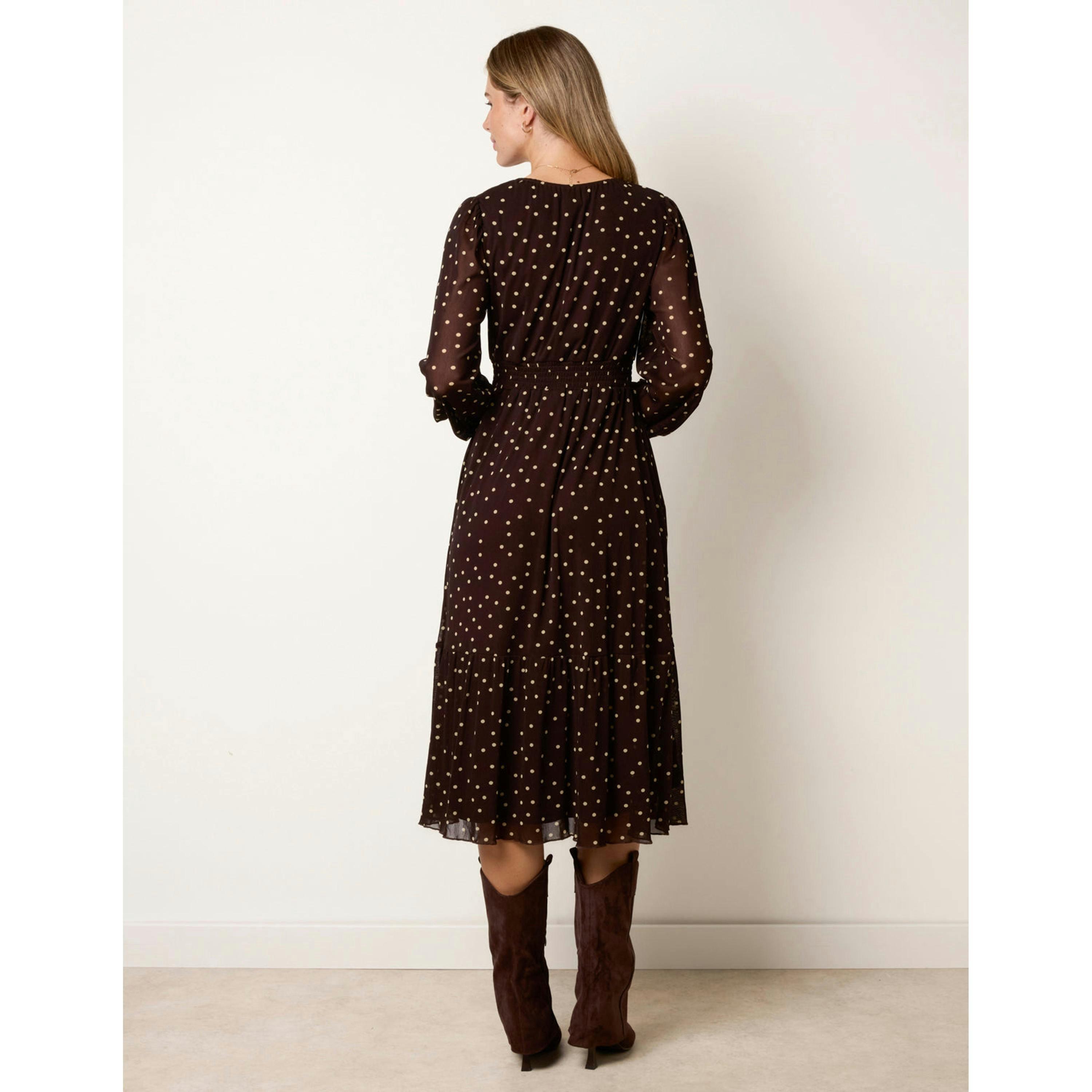 Blue Vanilla Long Sleeve Polka Dot Mesh Midi Dress  in Brown , view 2 of 4