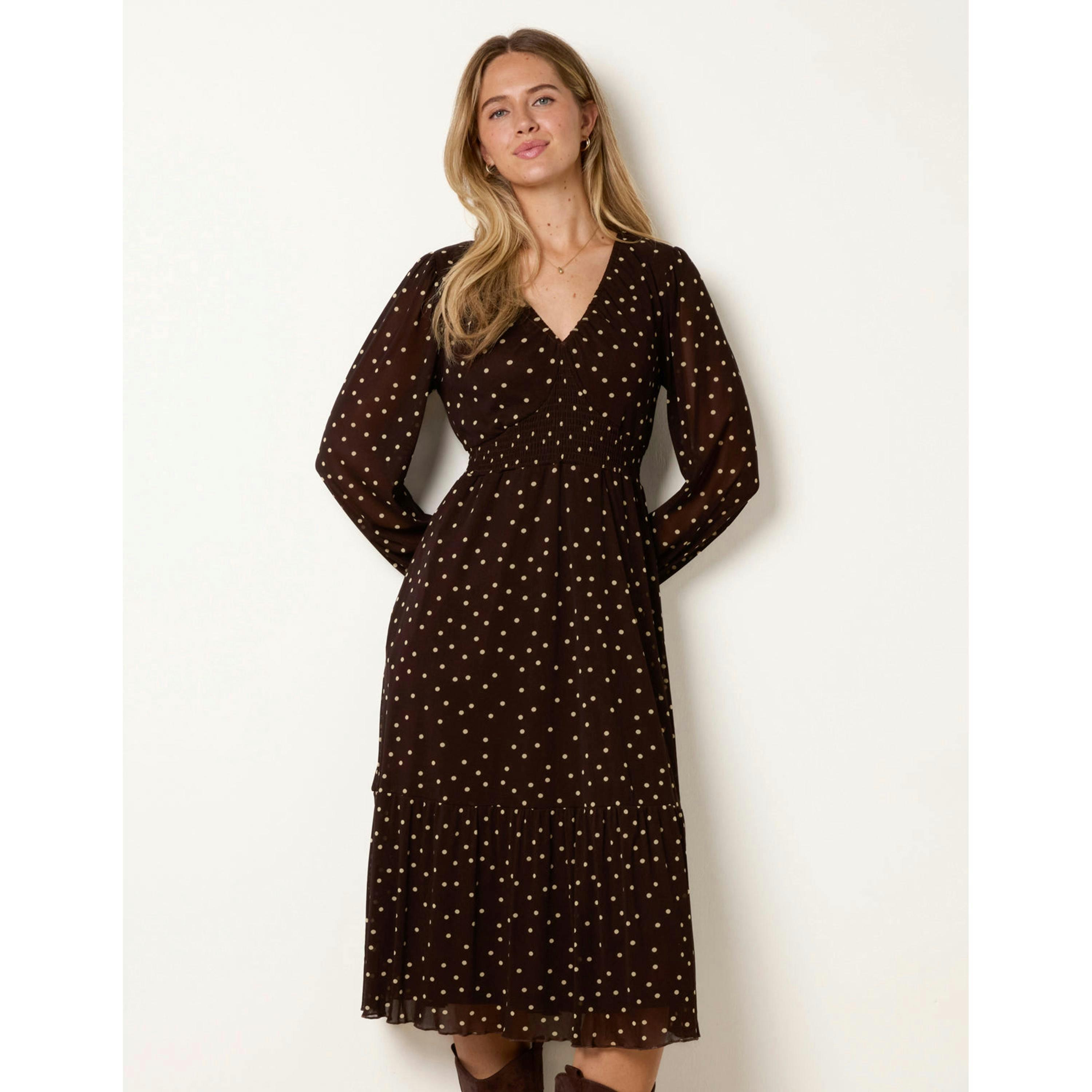 Blue Vanilla Long Sleeve Polka Dot Mesh Midi Dress  in Brown , view 3 of 4