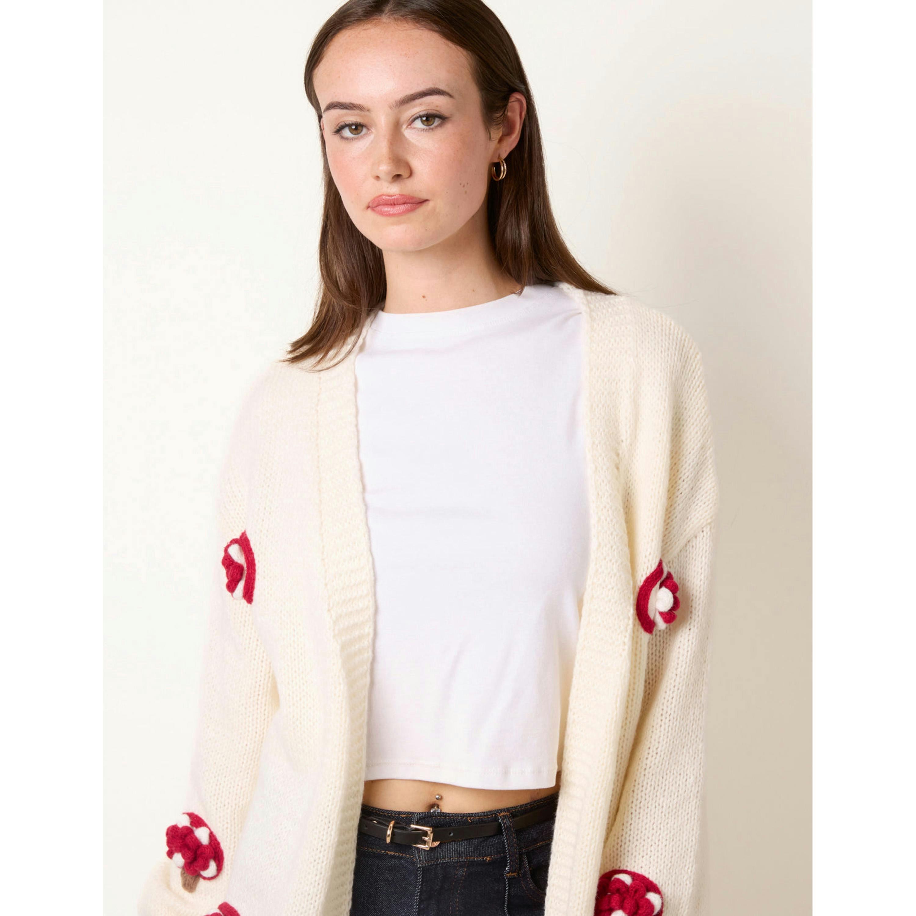 Blue Vanilla Mushroom Knit Cardigan  in Ivory , view 3 of 4