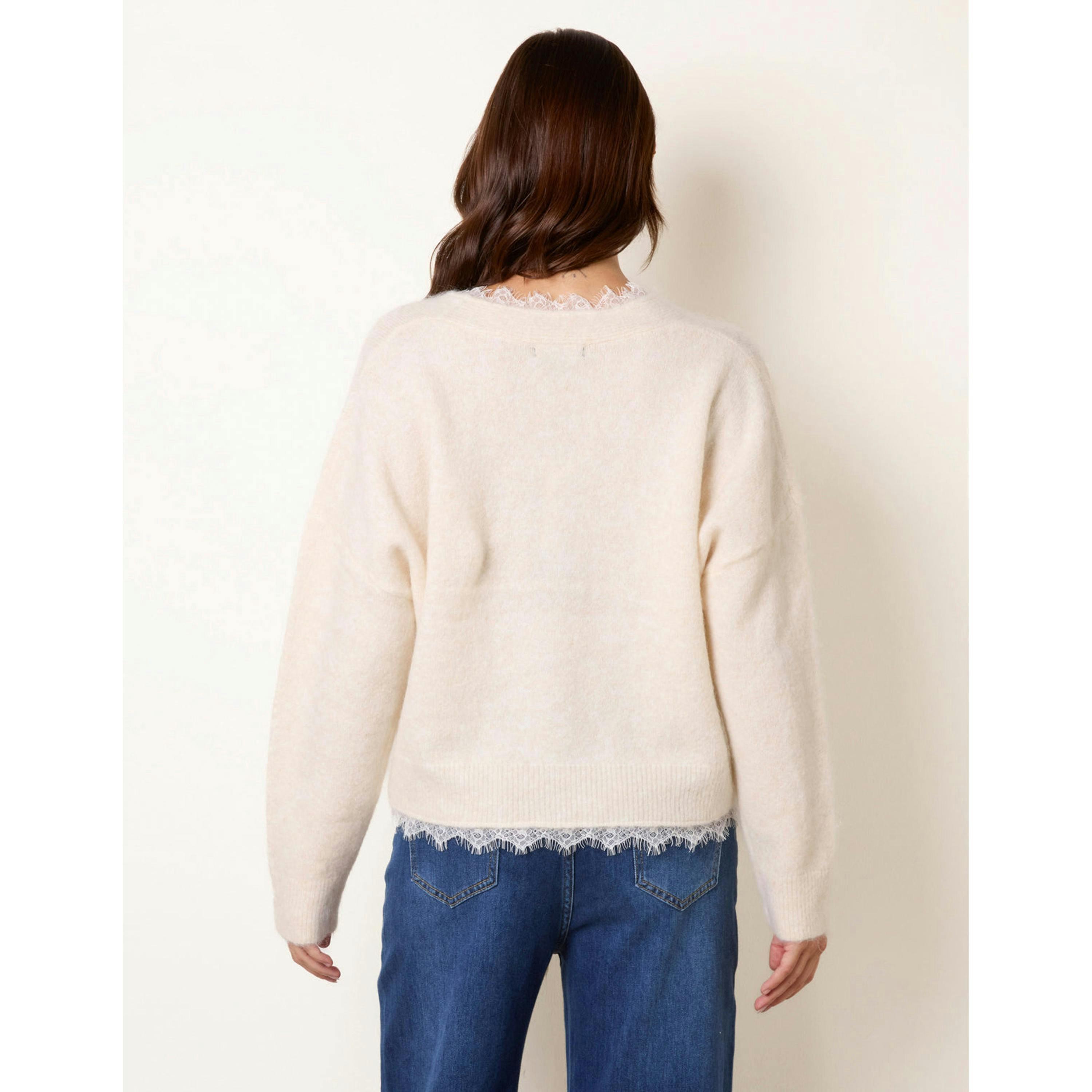Blue Vanilla Lace Trim V Neck Knitted Cardigan  in Beige , view 2 of 4
