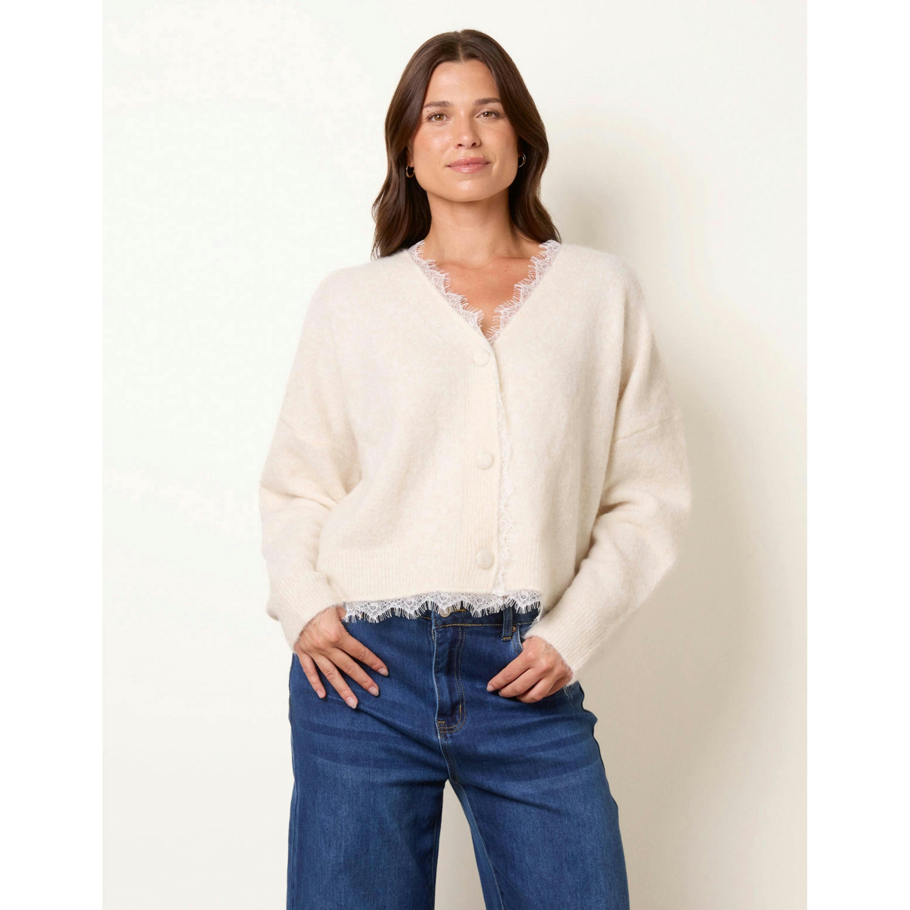 Blue Vanilla Lace Trim V Neck Knitted Cardigan  in Beige , view 3 of 4