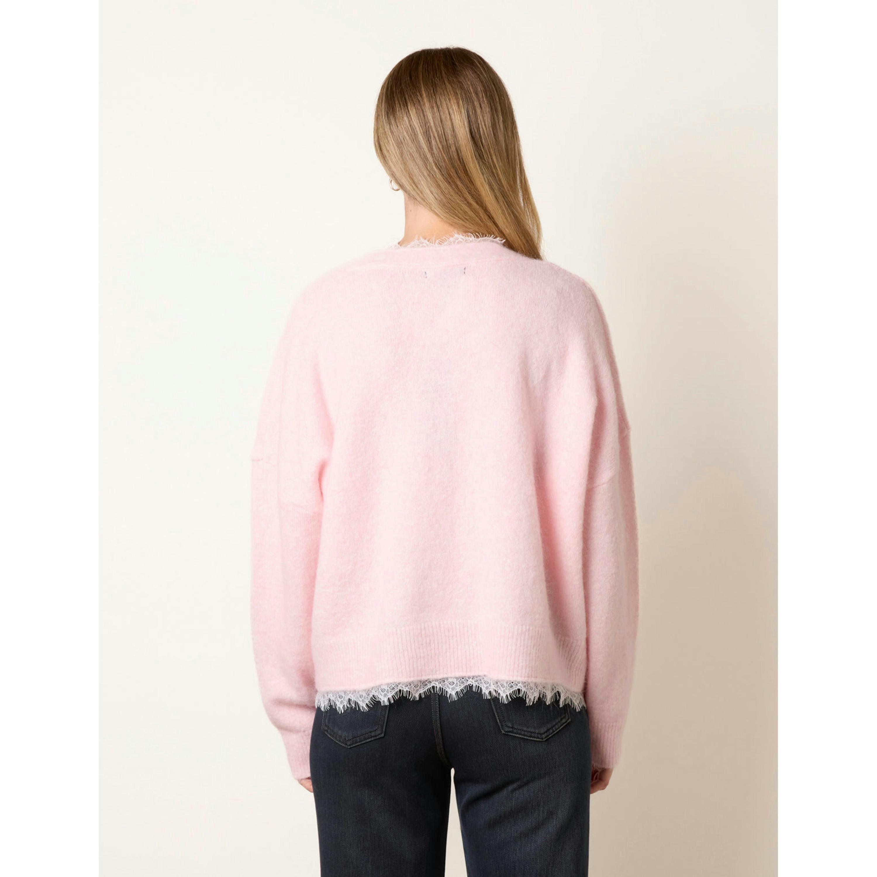 Blue Vanilla Lace Trim V Neck Knitted Cardigan  in Pink , view 2 of 4