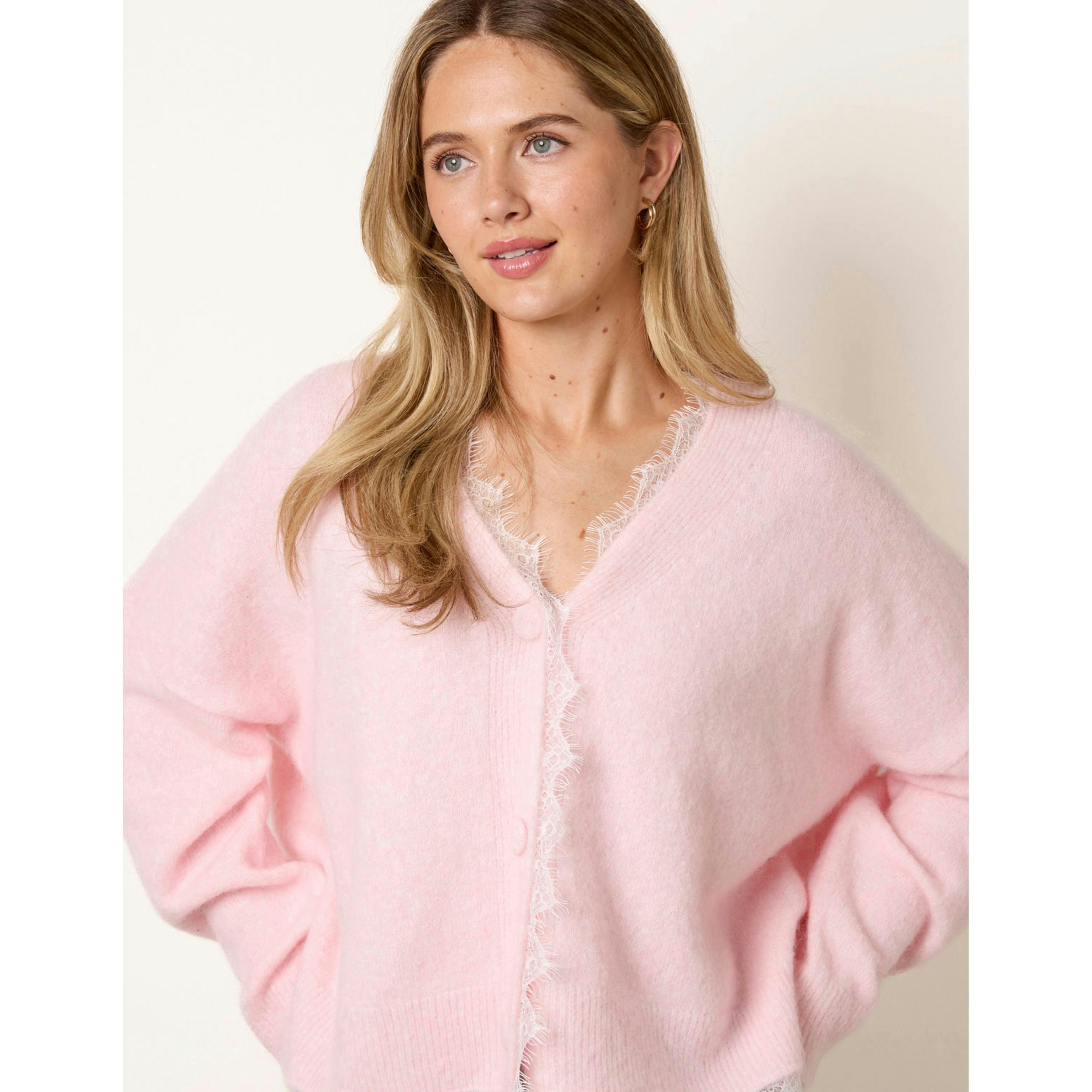 Blue Vanilla Lace Trim V Neck Knitted Cardigan  in Pink , view 3 of 4