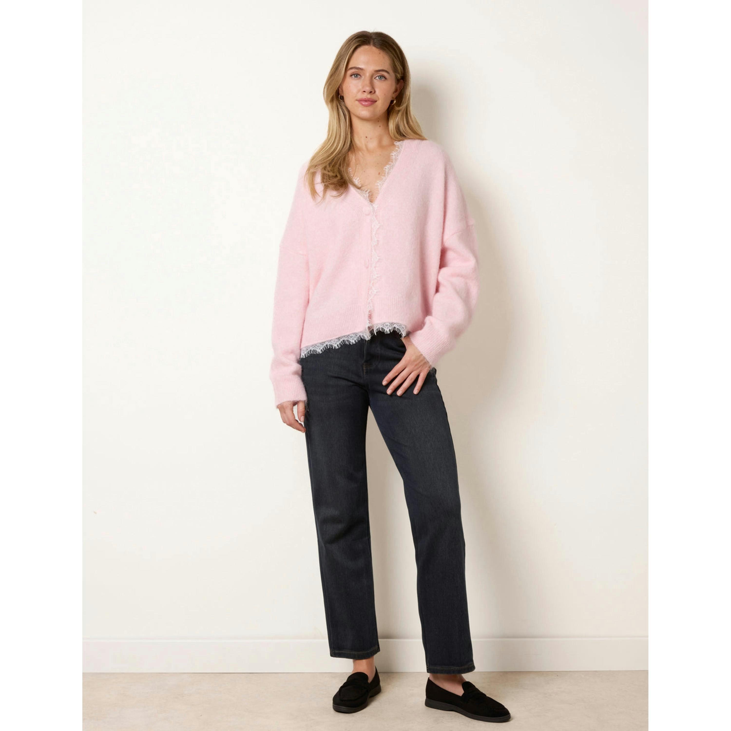 Blue Vanilla Lace Trim V Neck Knitted Cardigan  in Pink , view 4 of 4