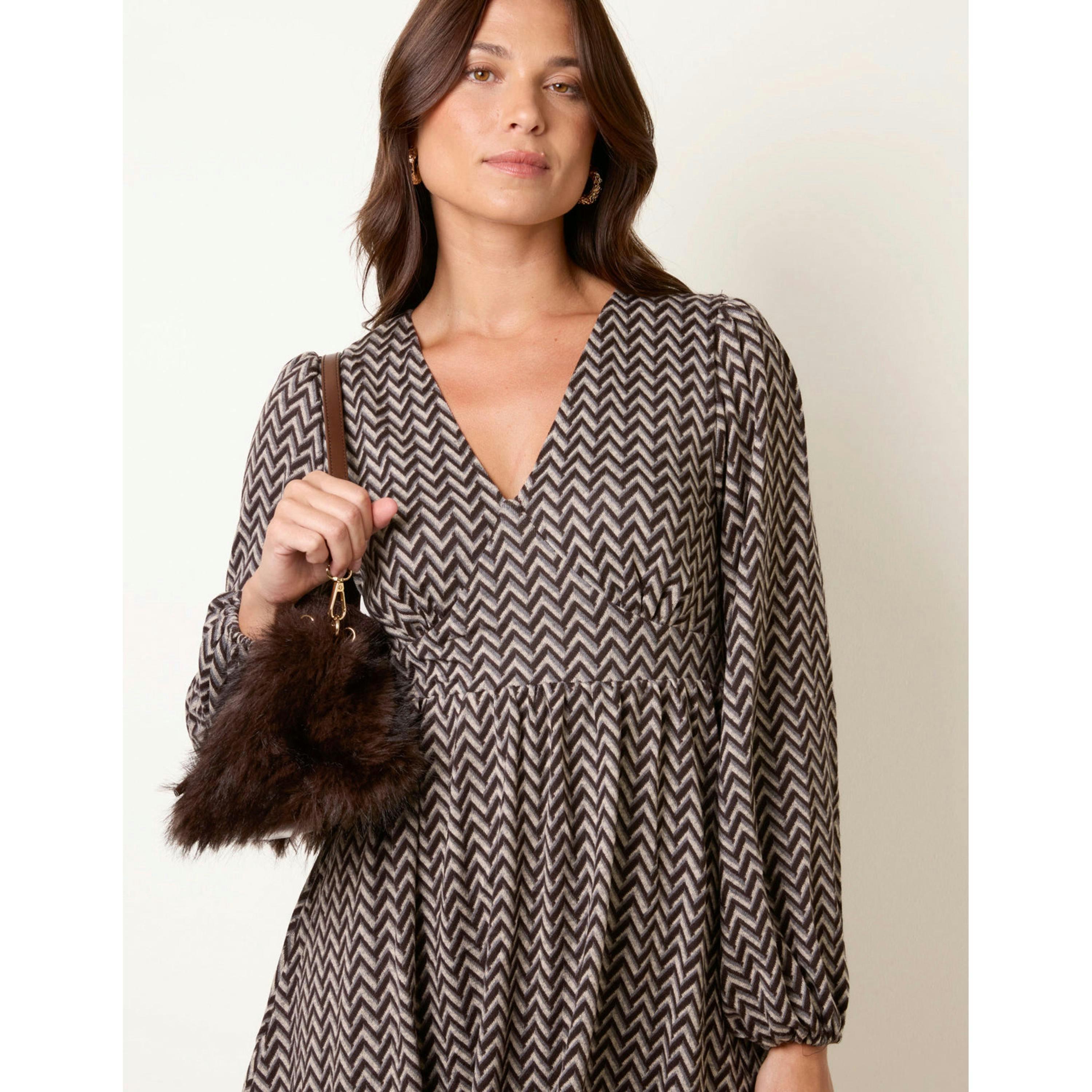 Blue Vanilla Soft Touch Zig Zag V Neck Mini Dress  in Brown , view 3 of 4