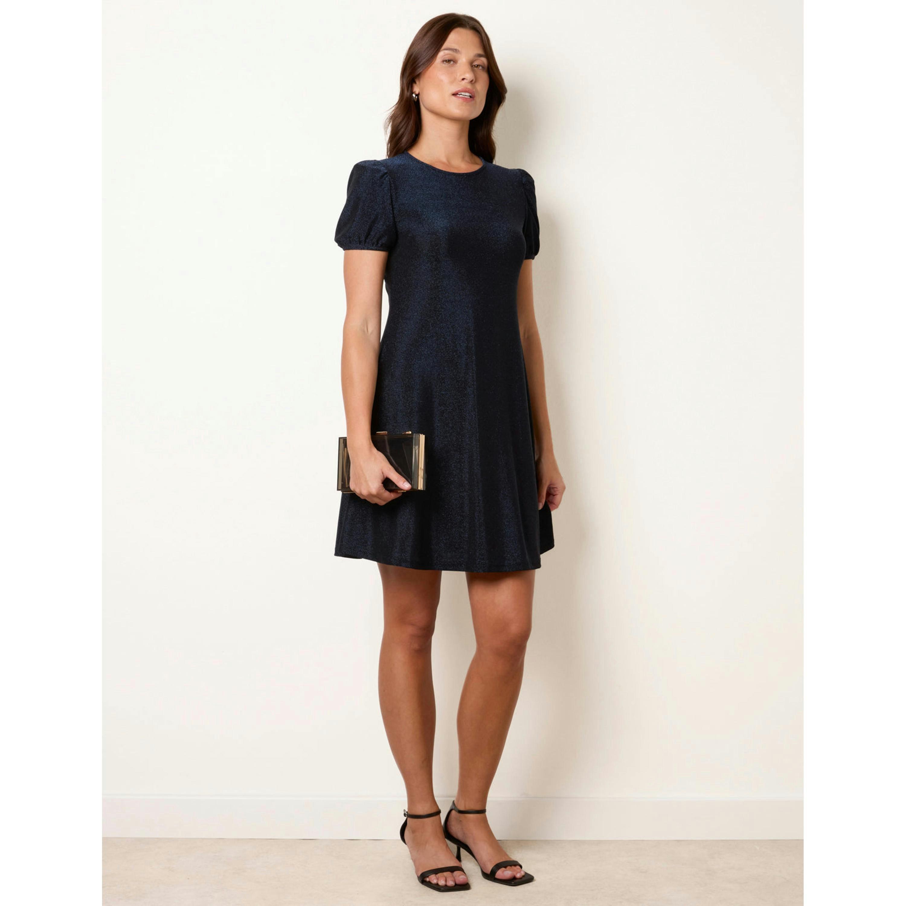 Blue Vanilla Metallic Puff Sleeve Swing Dress  in Navy , view 4 of 4