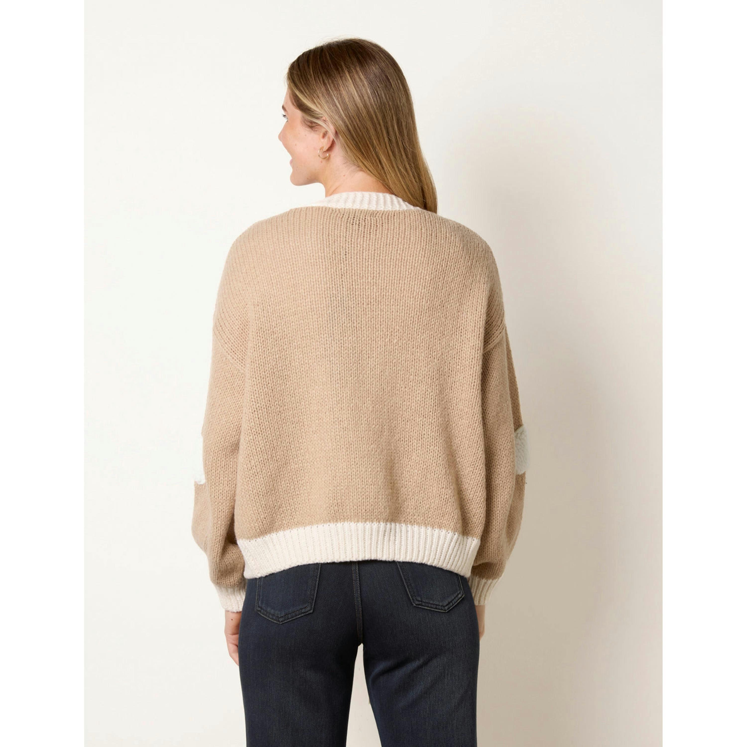 Blue Vanilla Contrast Trim Sheep Knit Cardigan  in Beige , view 2 of 5