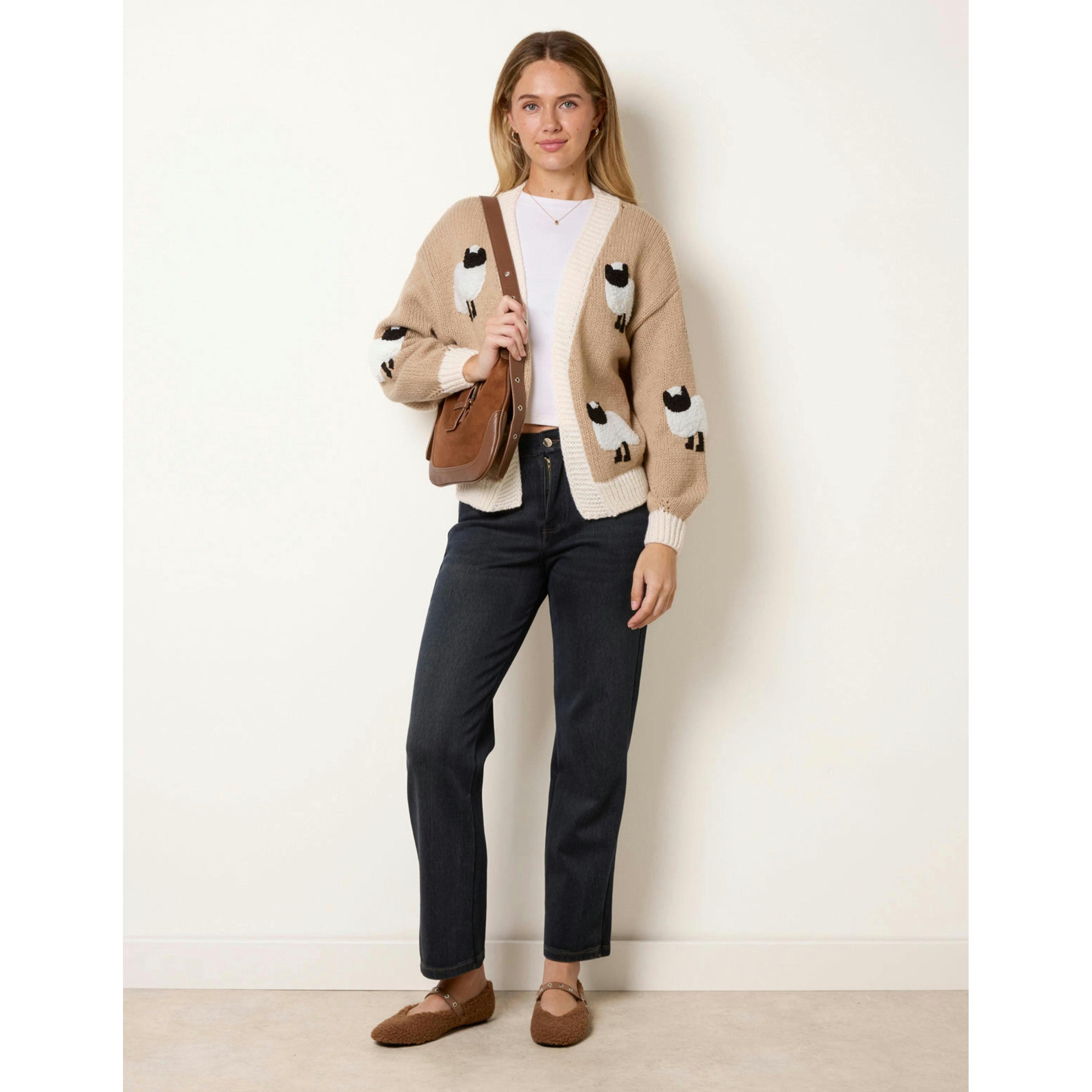 Blue Vanilla Contrast Trim Sheep Knit Cardigan  in Beige , view 3 of 5