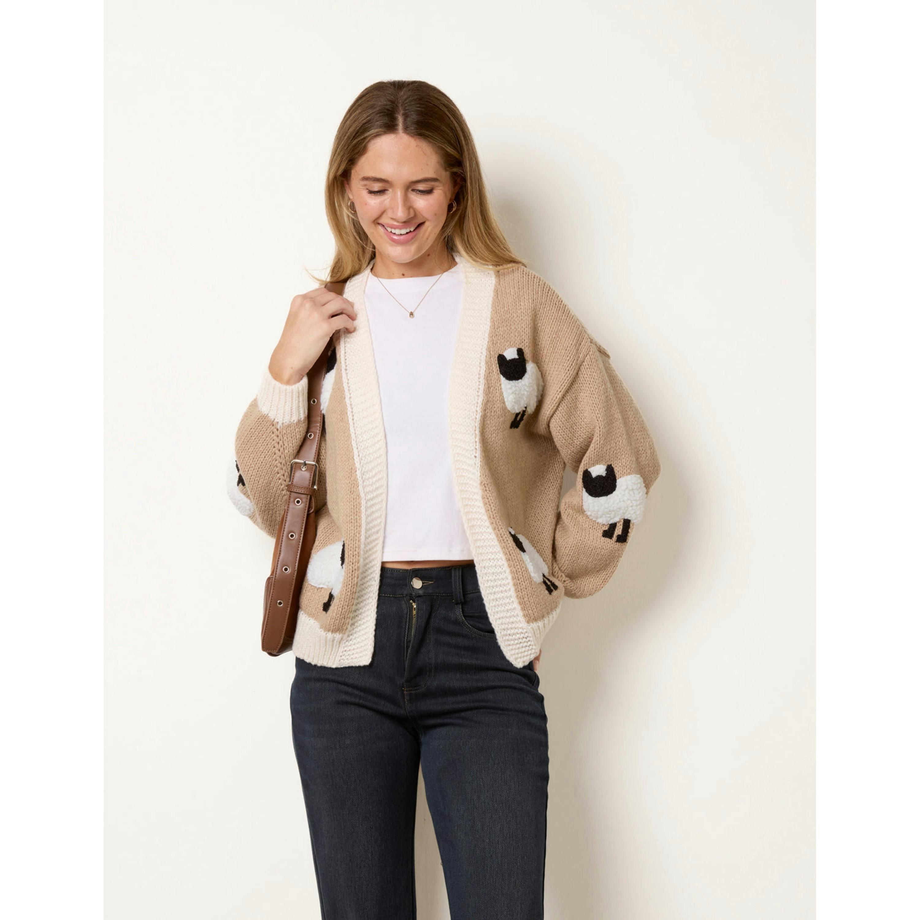 Blue Vanilla Contrast Trim Sheep Knit Cardigan  in Beige , view 4 of 5