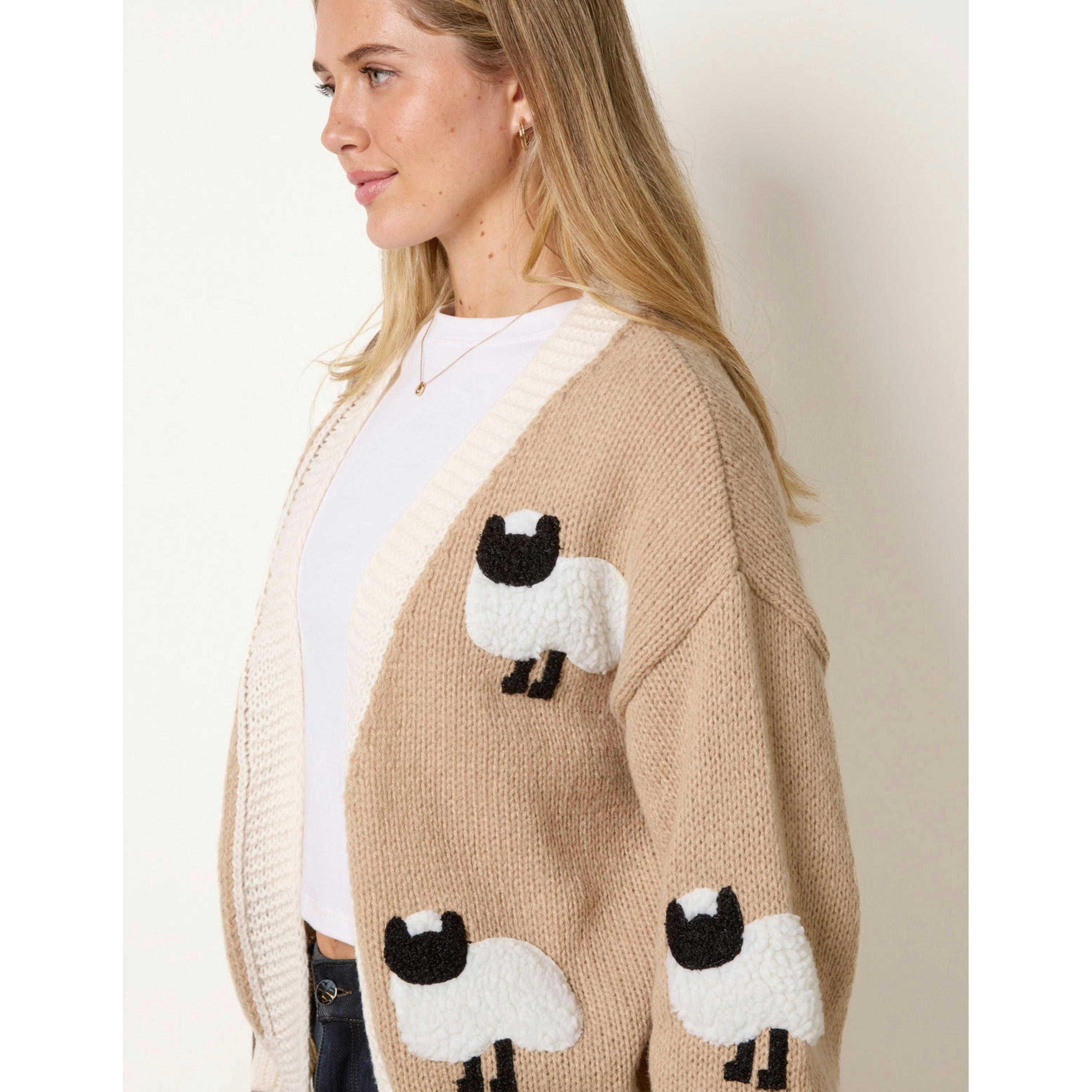 Blue Vanilla Contrast Trim Sheep Knit Cardigan  in Beige , view 5 of 5