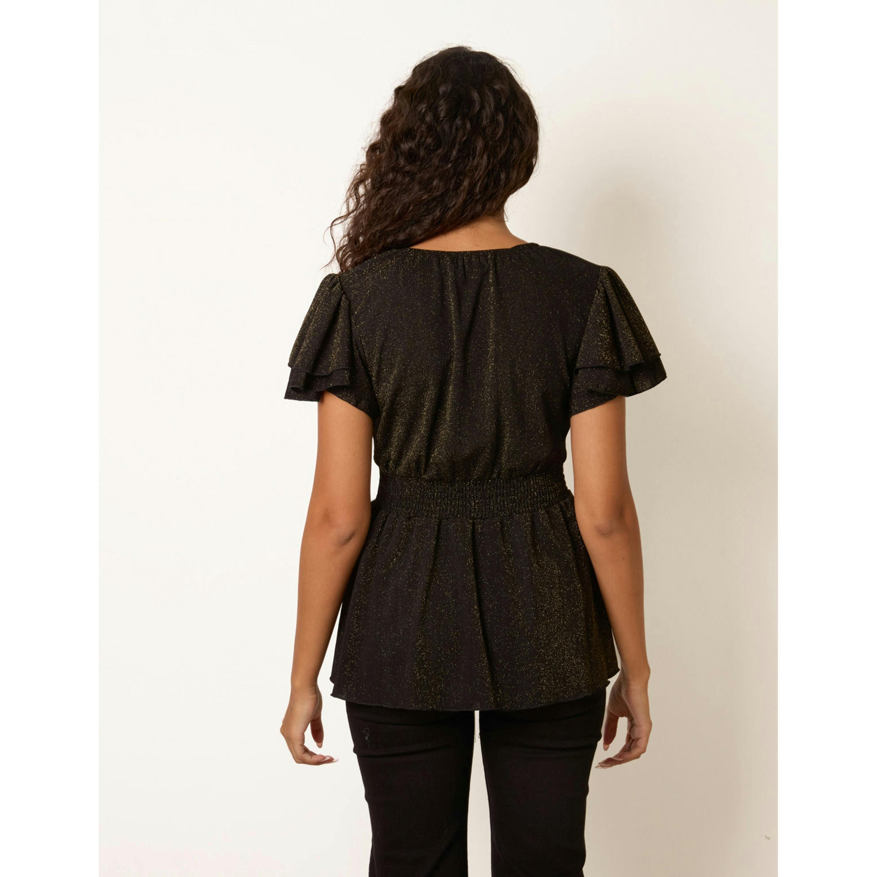 Blue Vanilla Double Frill Peplum Sparkle Top  in Black , view 2 of 4