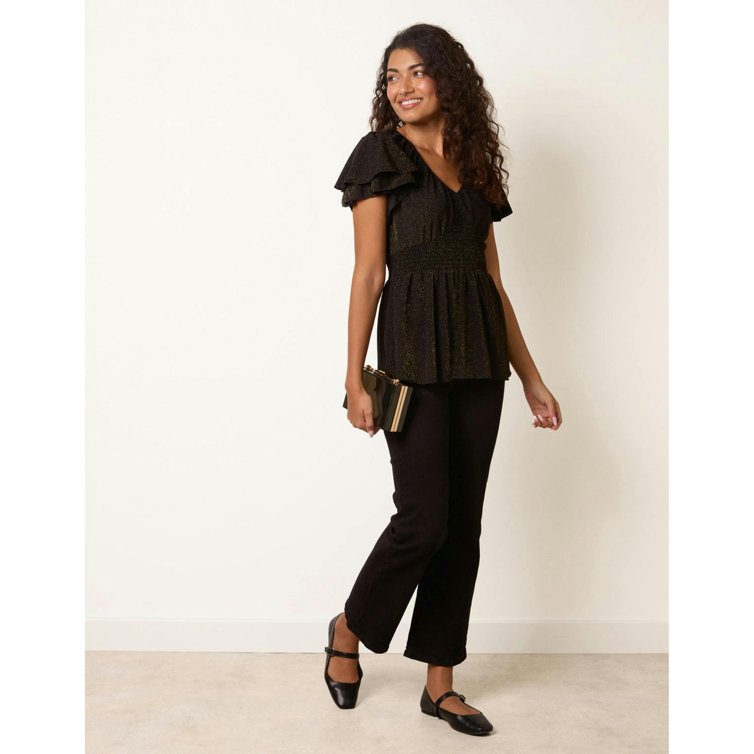 Blue Vanilla Double Frill Peplum Sparkle Top  in Black , view 3 of 4